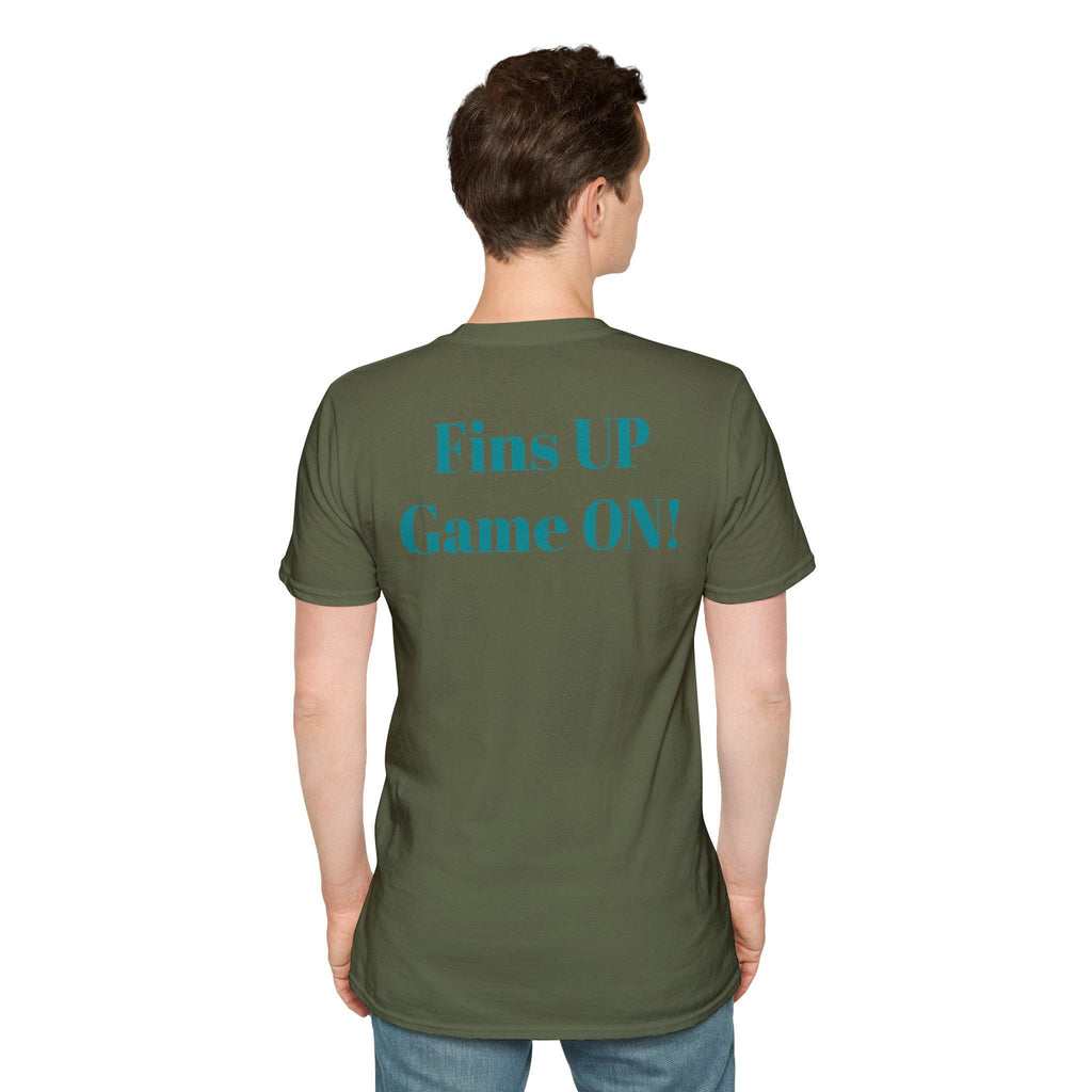 Miami -Fins Up, Game On!-  Fan T-Shirt - Dolphin Mascot - Miami Dolphin Graphic T-Shirt