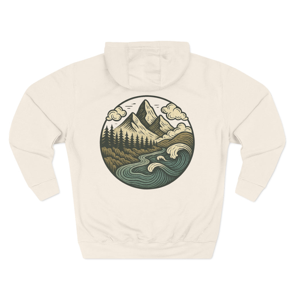 Mountain Adventure Three-Panel Fleece Hoodie, Passport to Adventure Design, Hiking Gift, Unisex Sizes S-3XL, Soft Comfort, Kangaroo Pocket,