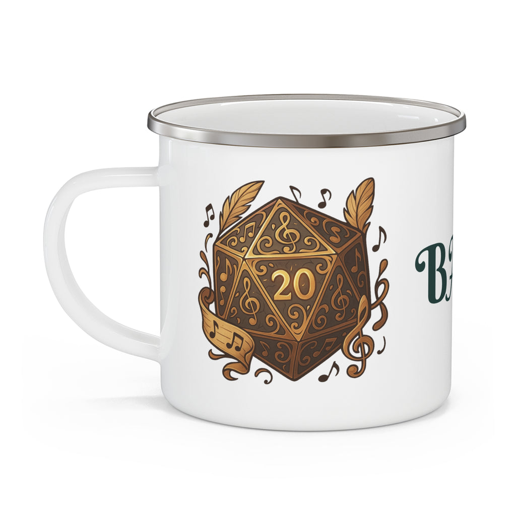 Bard Enamel Camping Mug — D20 Dice & Music Fantasy RPG Coffee Cup