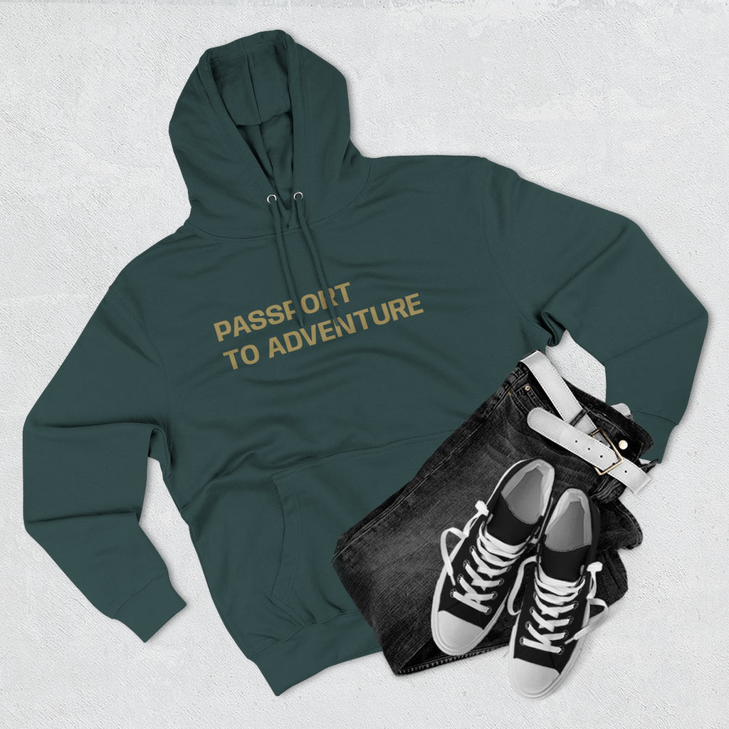 Mountain Adventure Three-Panel Fleece Hoodie, Passport to Adventure Design, Hiking Gift, Unisex Sizes S-3XL, Soft Comfort, Kangaroo Pocket,