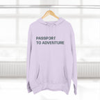Mountain Adventure Three-Panel Fleece Hoodie, Passport to Adventure Design, Hiking Gift, Unisex Sizes S-3XL, Soft Comfort, Kangaroo Pocket,