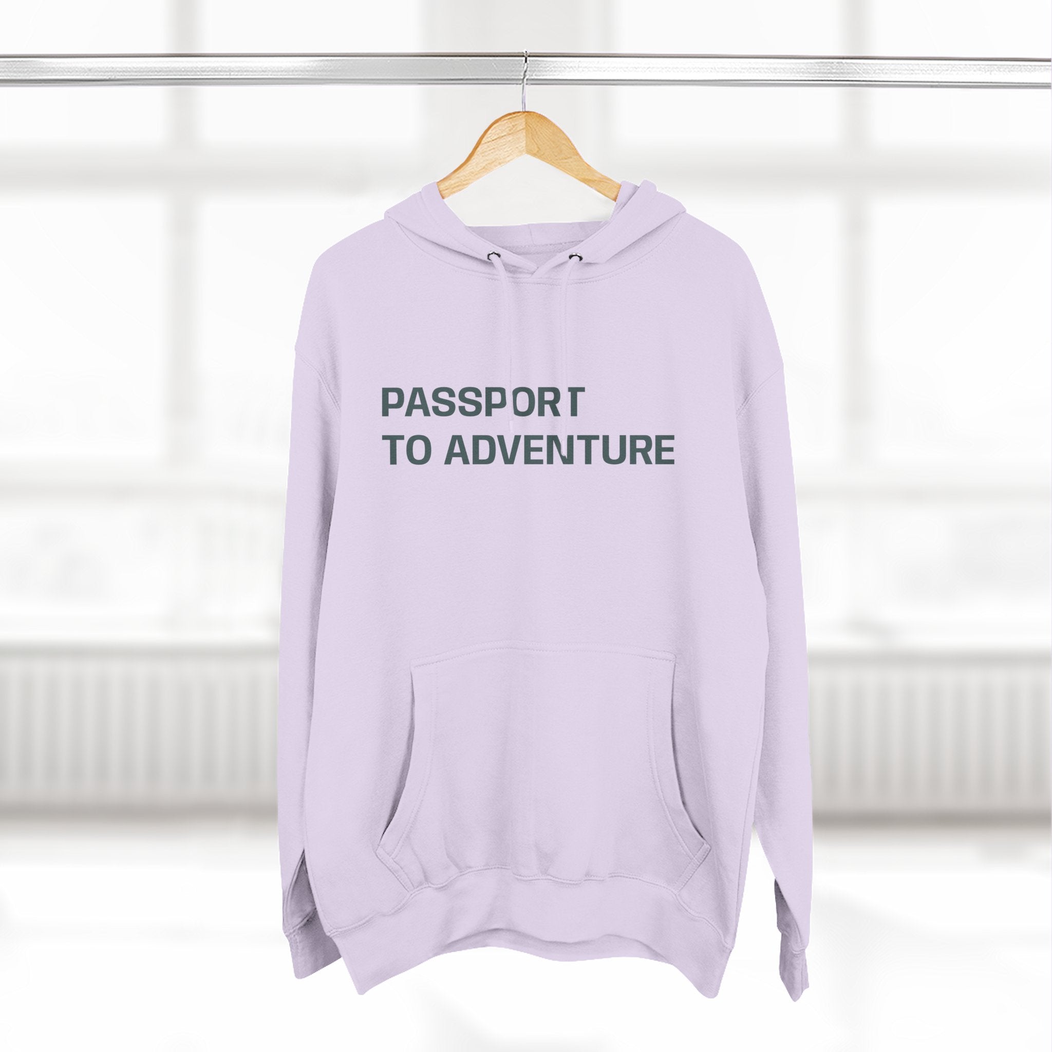 Mountain Adventure Three-Panel Fleece Hoodie, Passport to Adventure Design, Hiking Gift, Unisex Sizes S-3XL, Soft Comfort, Kangaroo Pocket,