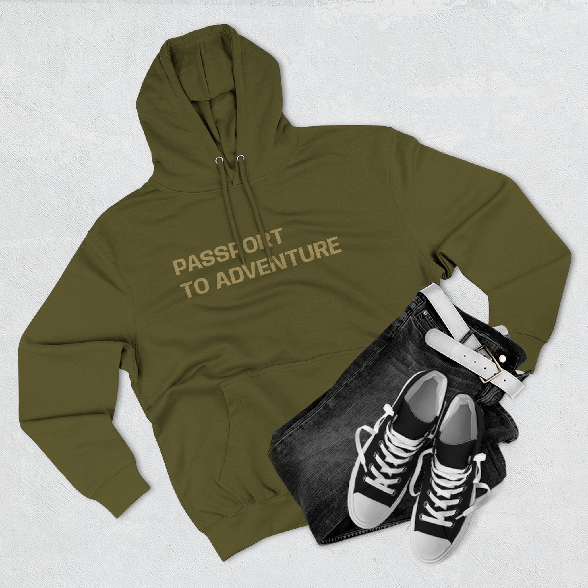 Mountain Adventure Three-Panel Fleece Hoodie, Passport to Adventure Design, Hiking Gift, Unisex Sizes S-3XL, Soft Comfort, Kangaroo Pocket,
