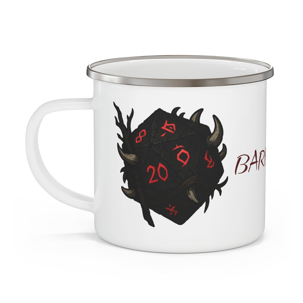 Barbarian D20 Enamel Camping Mug — RPG Dice & Fantasy Campfire Mug