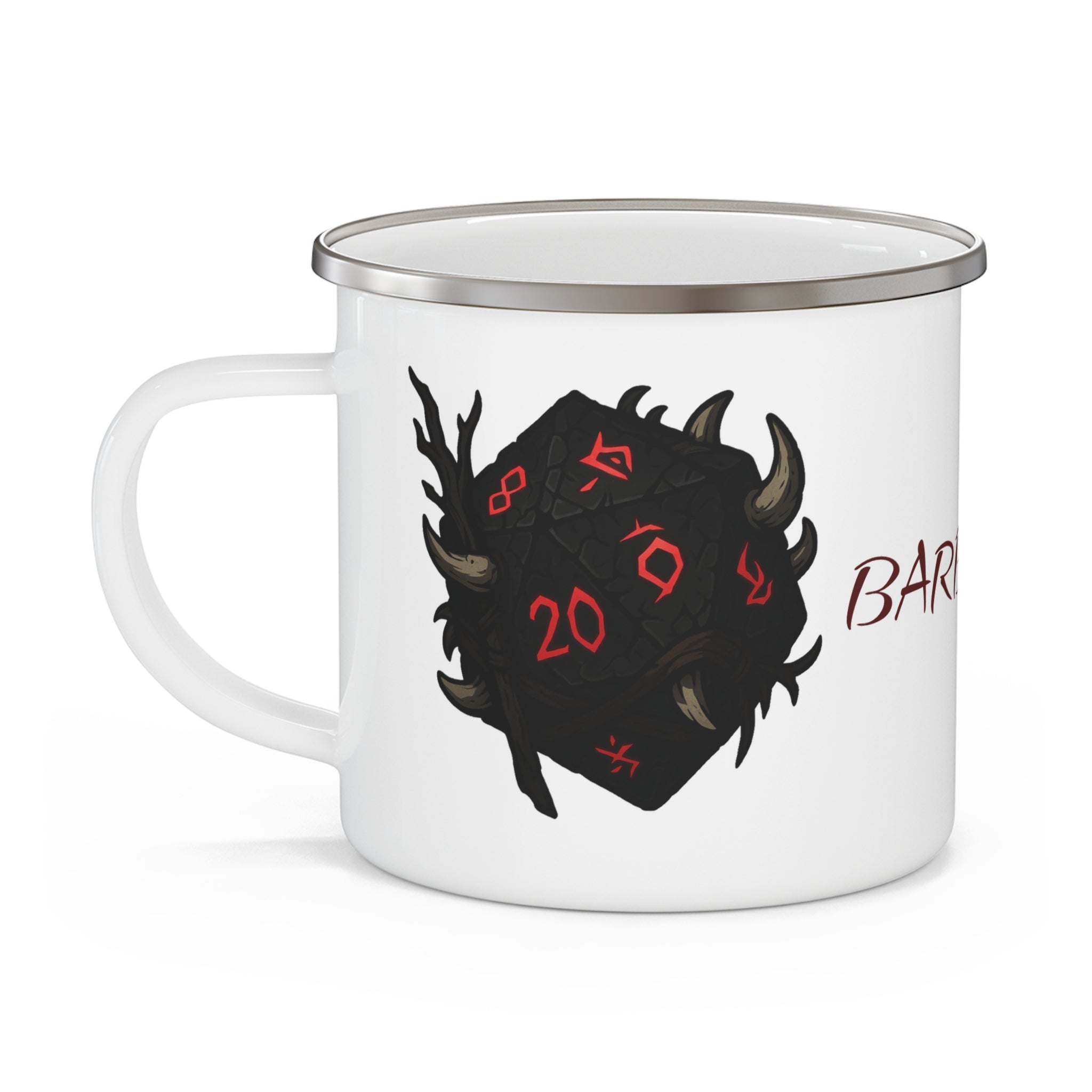 Barbarian D20 Enamel Camping Mug — RPG Dice & Fantasy Campfire Mug
