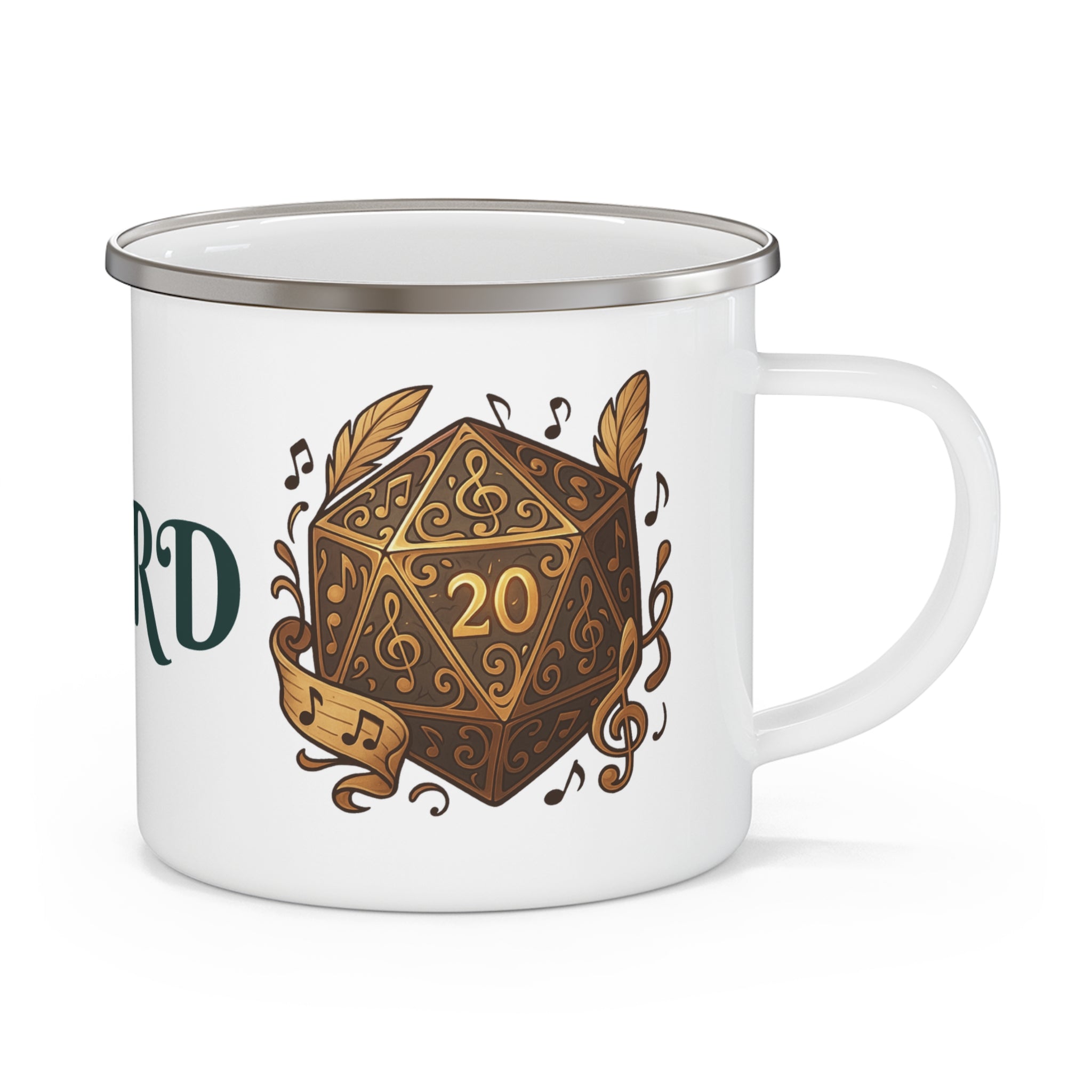 Bard Enamel Camping Mug — D20 Dice & Music Fantasy RPG Coffee Cup