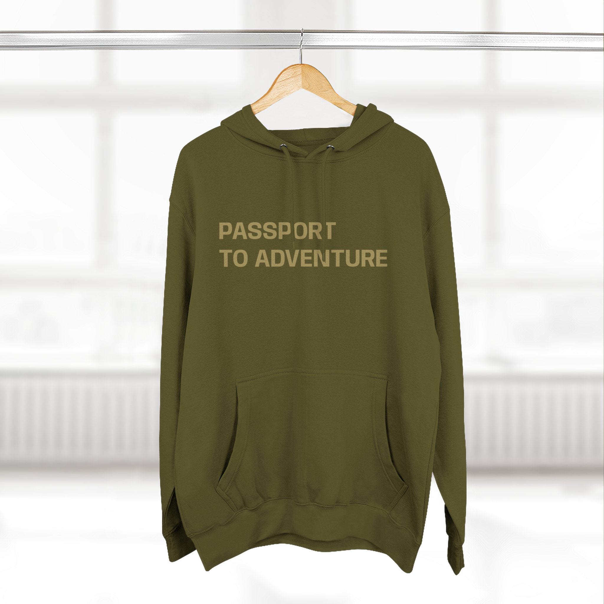 Mountain Adventure Three-Panel Fleece Hoodie, Passport to Adventure Design, Hiking Gift, Unisex Sizes S-3XL, Soft Comfort, Kangaroo Pocket,