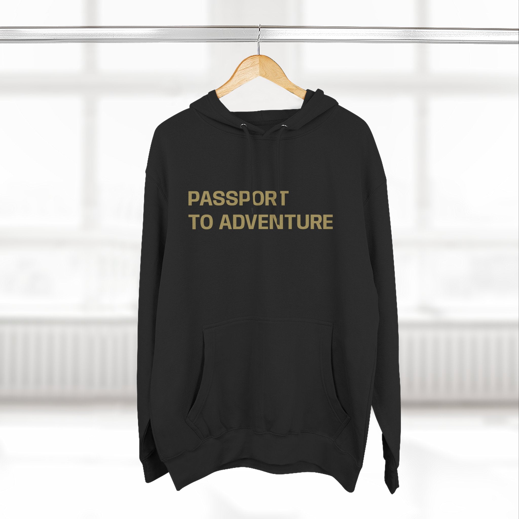 Mountain Adventure Three-Panel Fleece Hoodie, Passport to Adventure Design, Hiking Gift, Unisex Sizes S-3XL, Soft Comfort, Kangaroo Pocket,