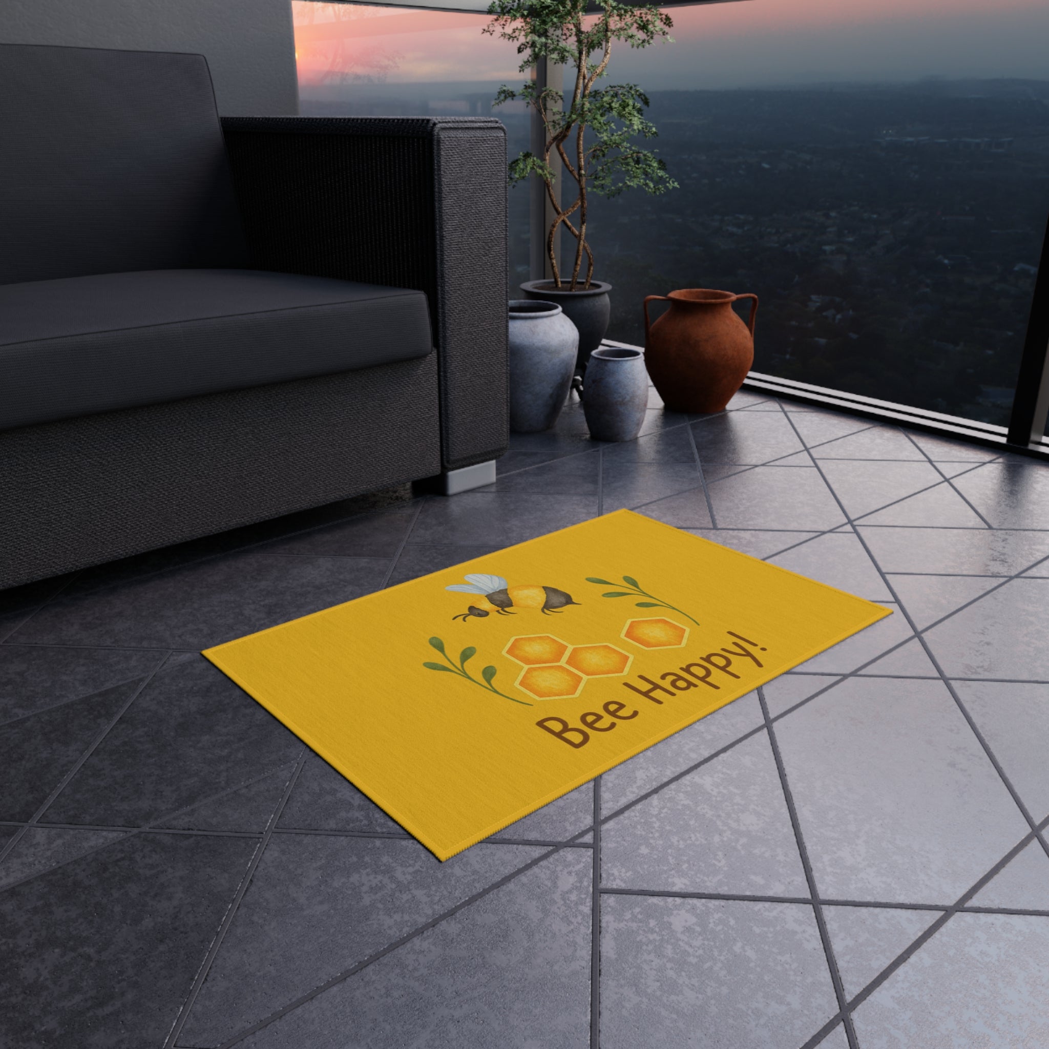 Bee Happy Outdoor Rug, Bee Decor, Garden Mat, Porch Rug, Spring Decoration, Outdoor Patio Accent