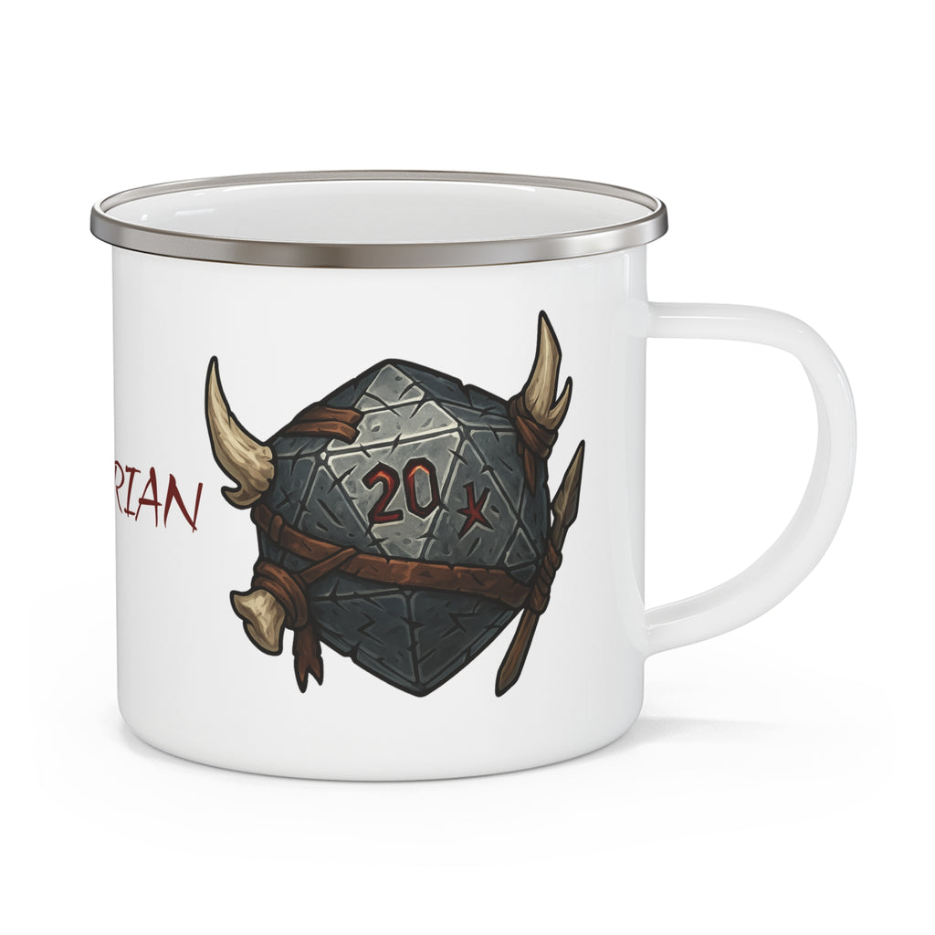 Barbarian D20 Enamel Camping Mug – RPG Dice, Fantasy Gamer Gift