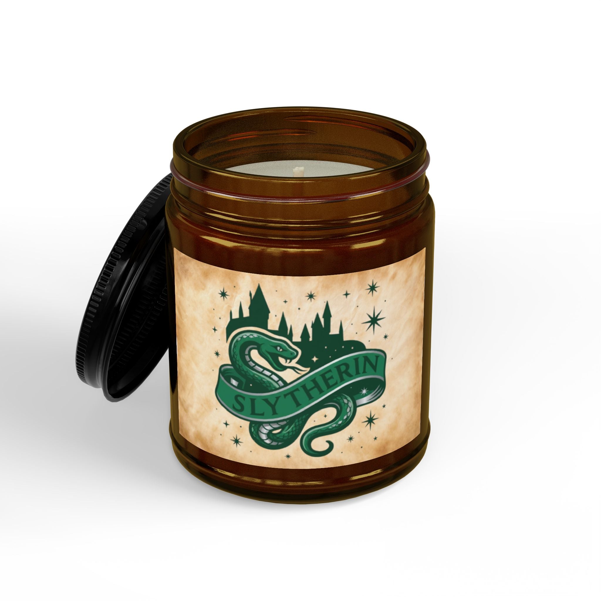 Slytherin House Inspired Candle | Snake Emblem Decor | Ambitious Wizard Gift | Amber or Clear Glass | Magic School Aesthetic