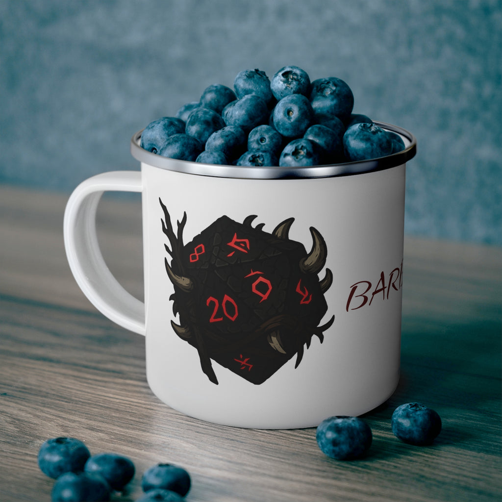 Barbarian D20 Enamel Camping Mug — RPG Dice & Fantasy Campfire Mug