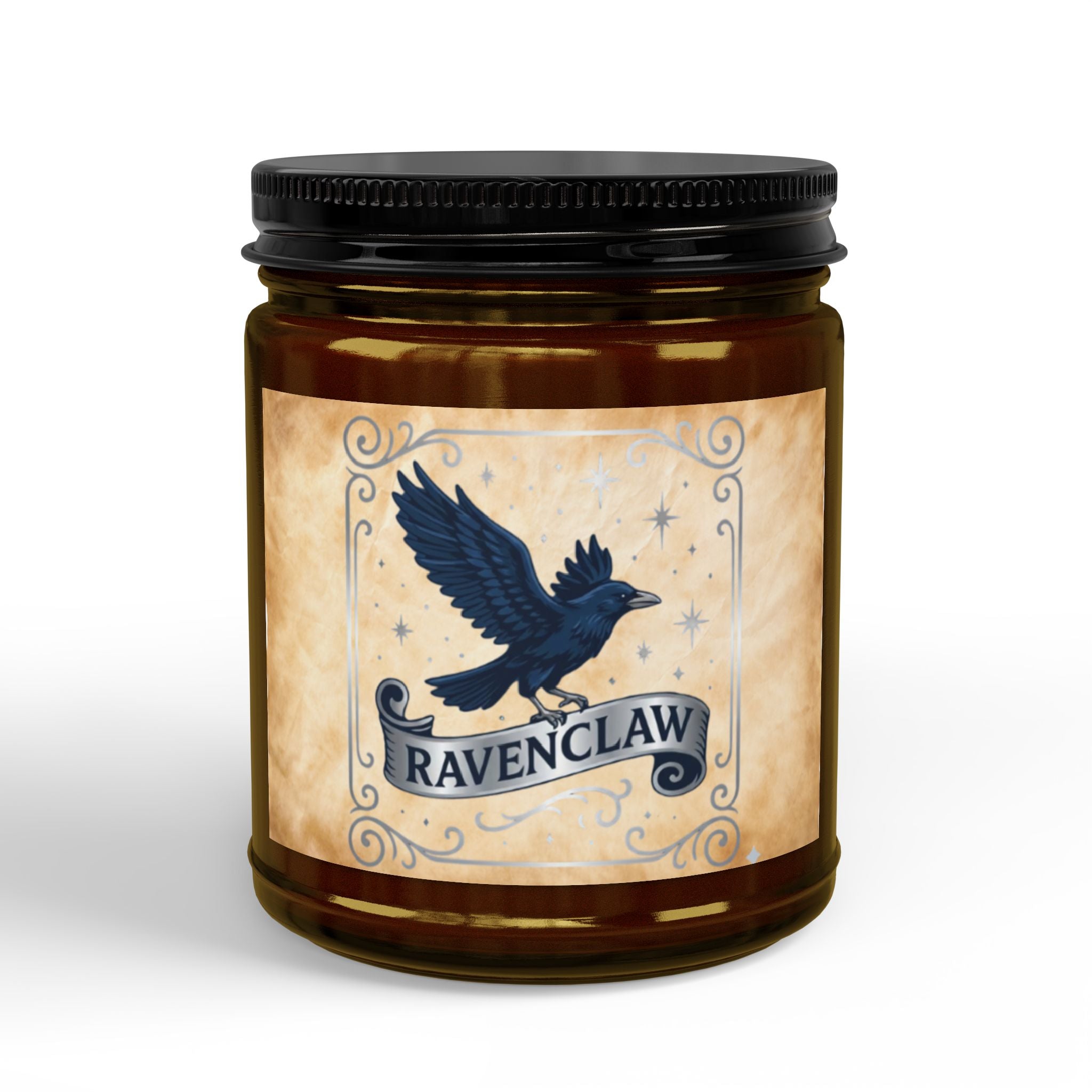 Ravenclaw House Inspired Candle | Blue Raven Emblem | Wisdom & Wit Gift | Amber or Clear Glass | Dark Academia Decor | Book Lover Gift
