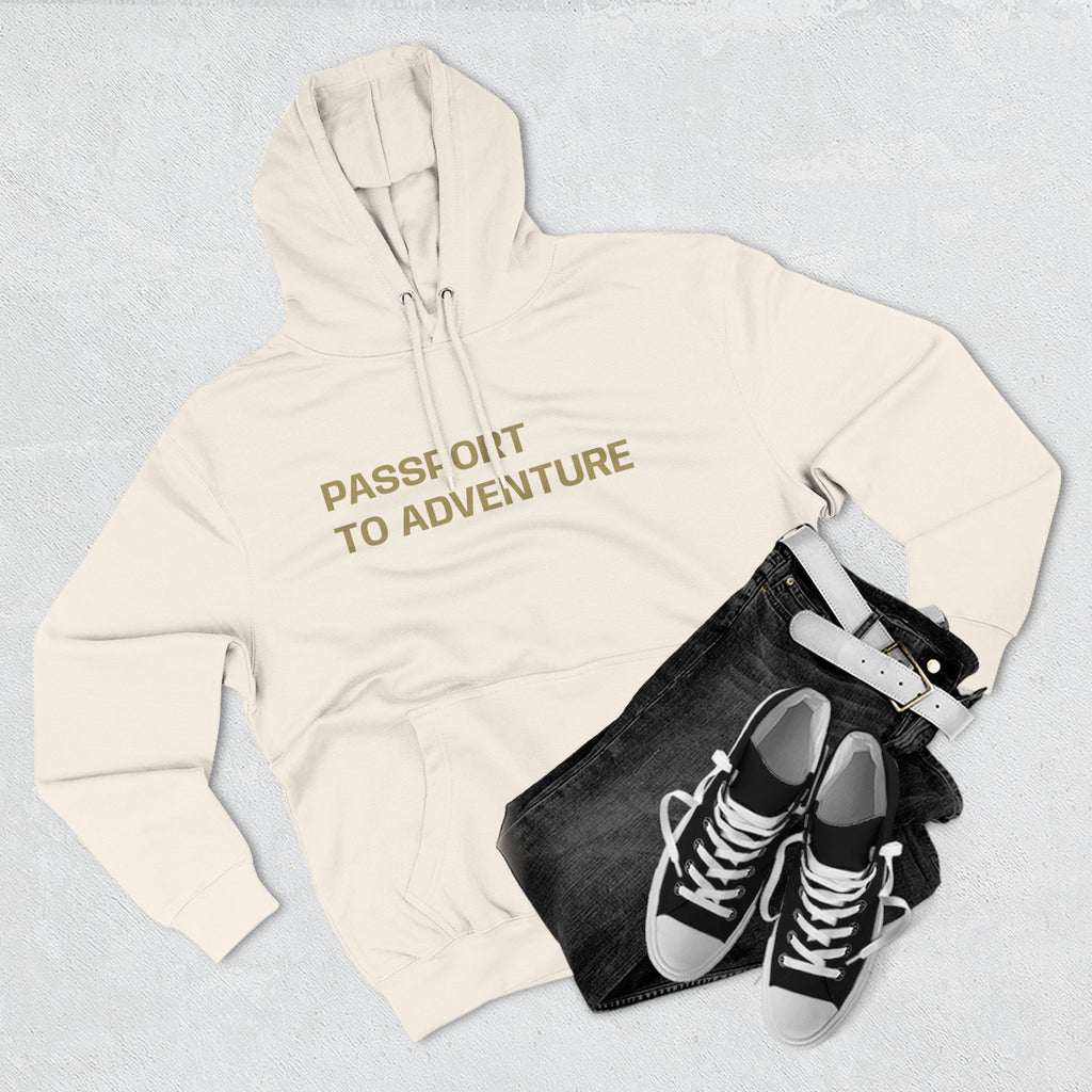 Mountain Adventure Three-Panel Fleece Hoodie, Passport to Adventure Design, Hiking Gift, Unisex Sizes S-3XL, Soft Comfort, Kangaroo Pocket,