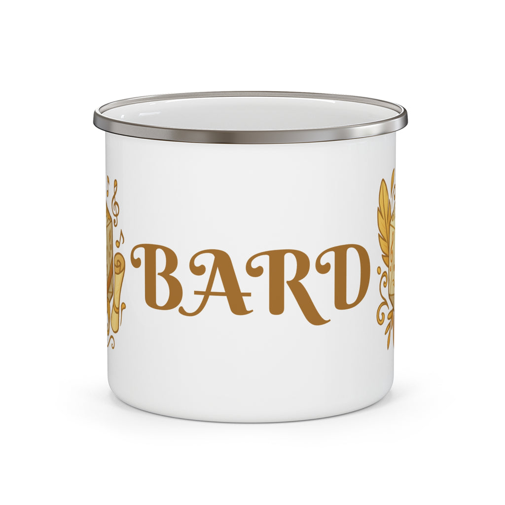 Bard Enamel Camping Mug — Gold D20 & Musical Fantasy RPG Coffee Cup