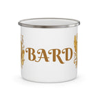 Bard Enamel Camping Mug — Gold D20 & Musical Fantasy RPG Coffee Cup