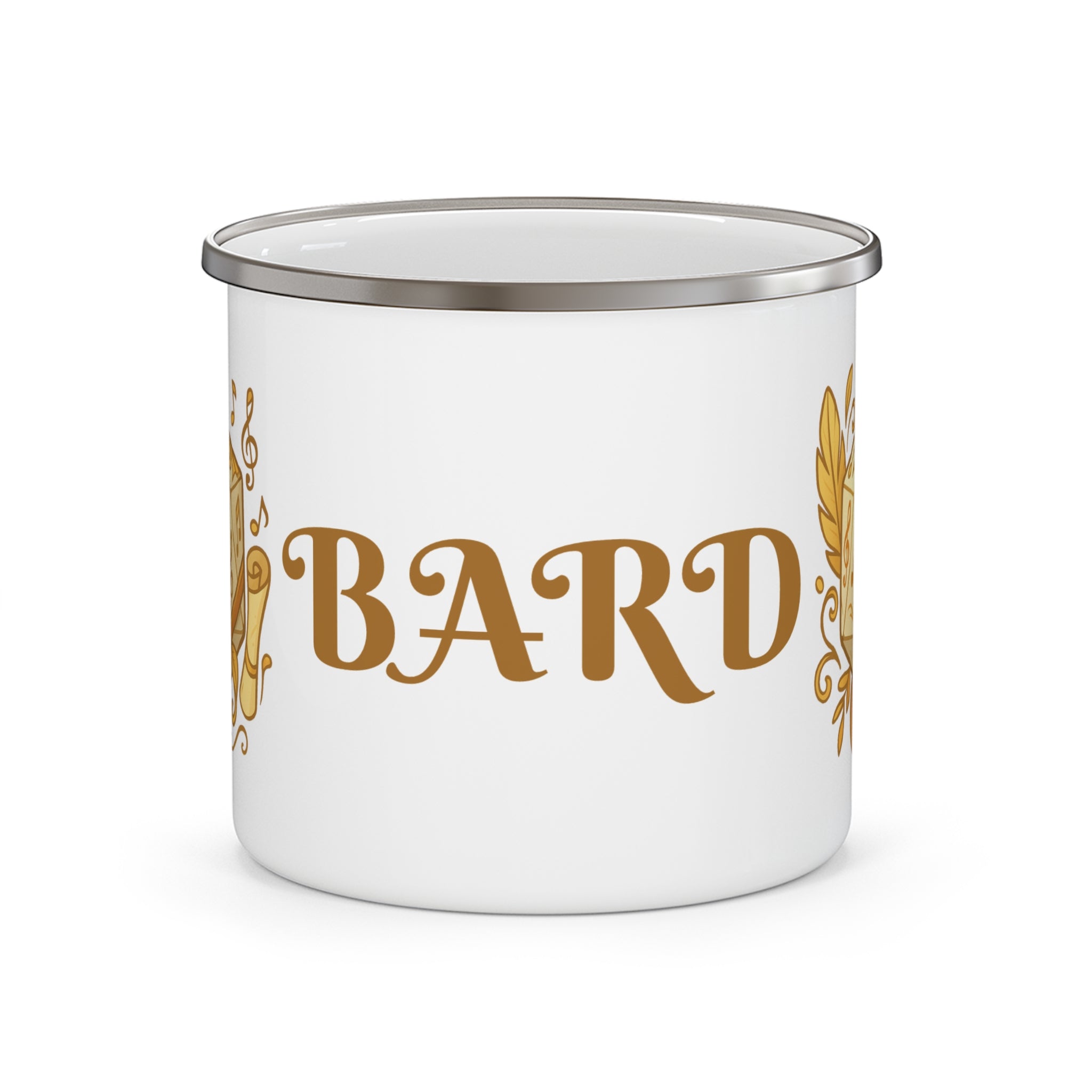 Bard Enamel Camping Mug — Gold D20 & Musical Fantasy RPG Coffee Cup