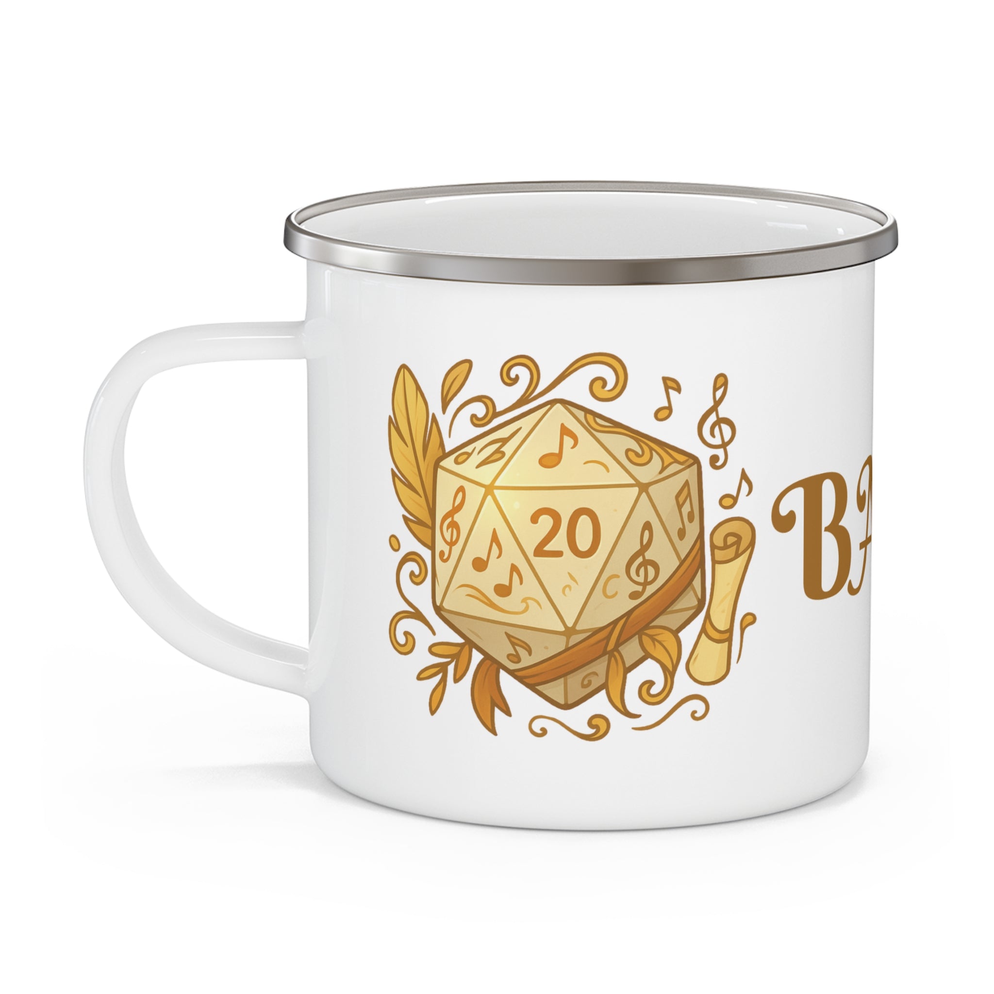 Bard Enamel Camping Mug — Gold D20 & Musical Fantasy RPG Coffee Cup