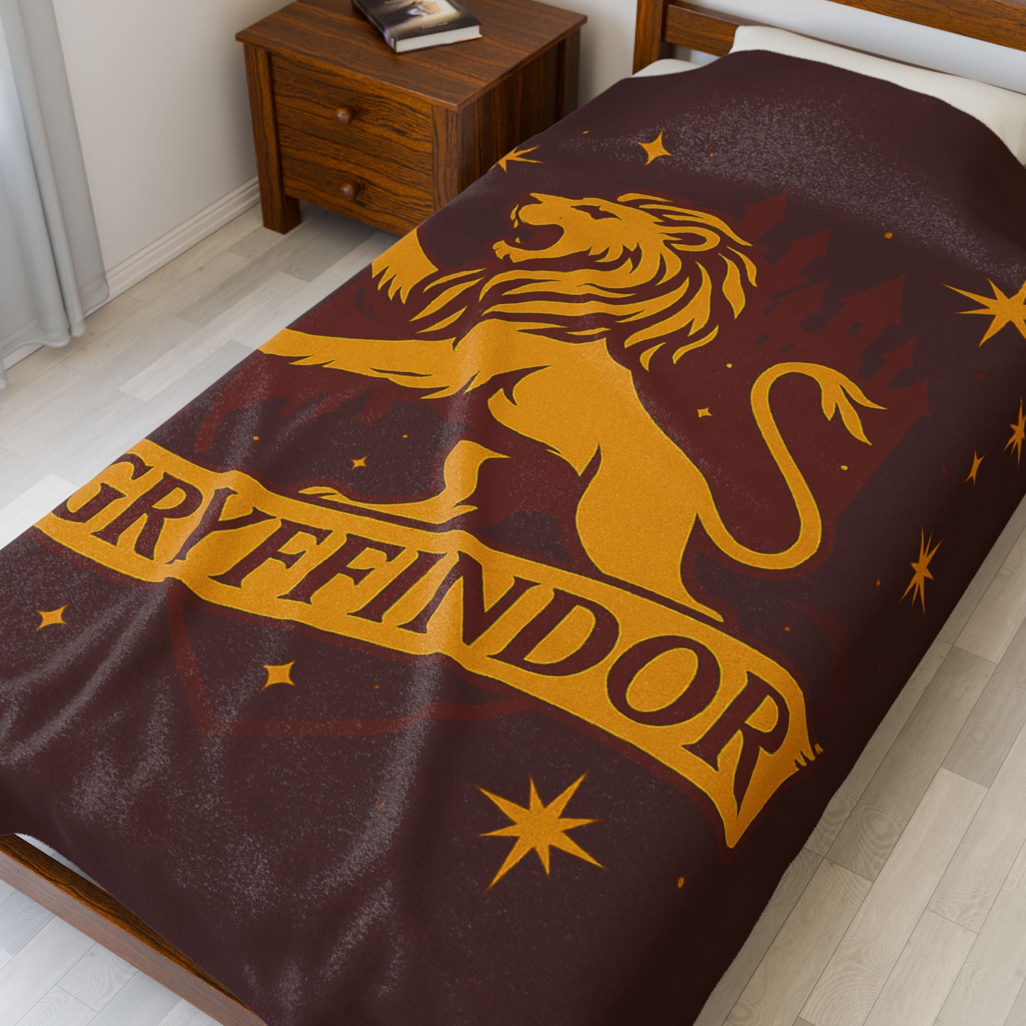 Gryffindor Velveteen Plush Blanket | Hogwarts House Throw | Harry Potter Inspired Lion Bedding | Warm Red & Gold Gift | Soft Fleece Decor