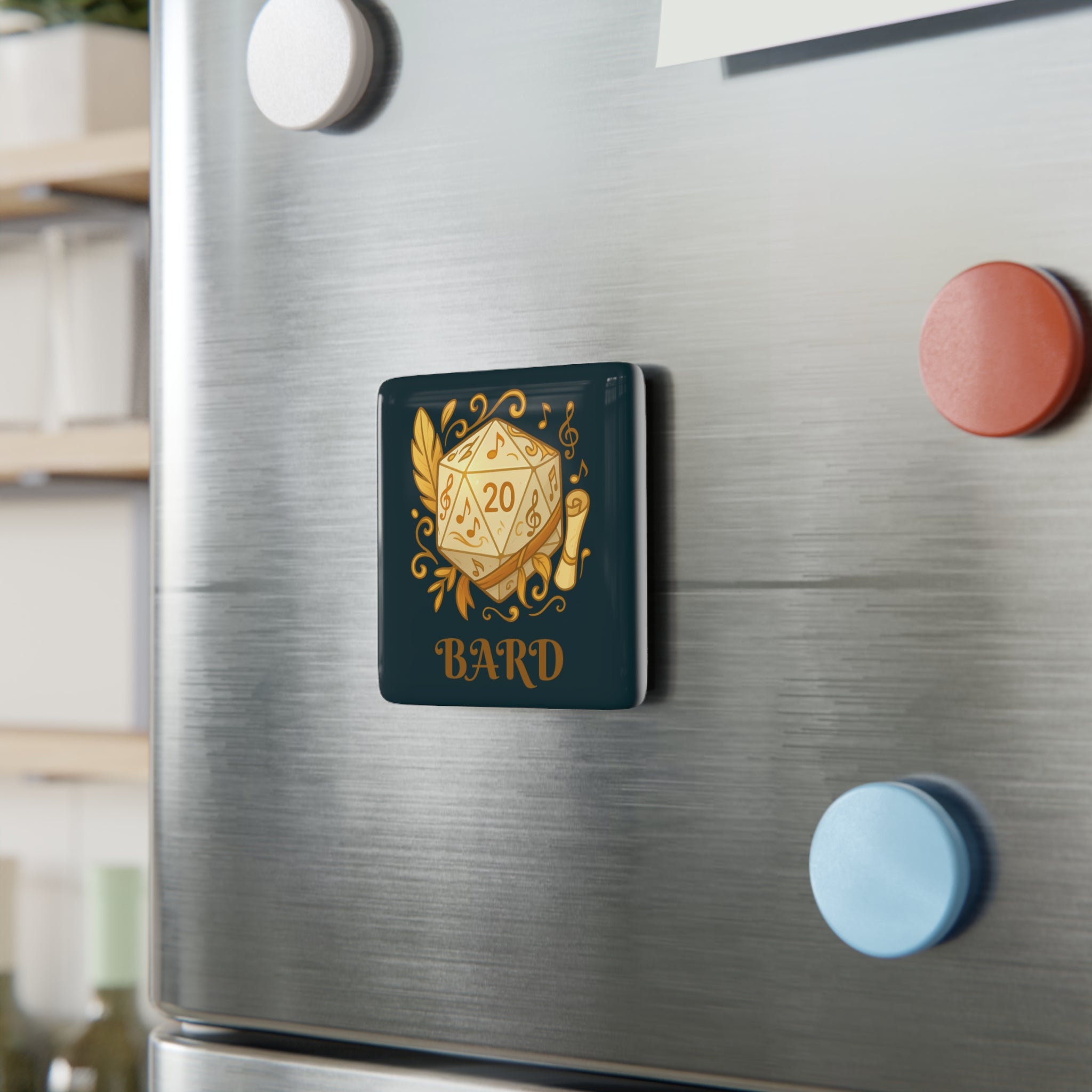 Bard D20 Porcelain Magnet — Fantasy RPG Dice Music Design