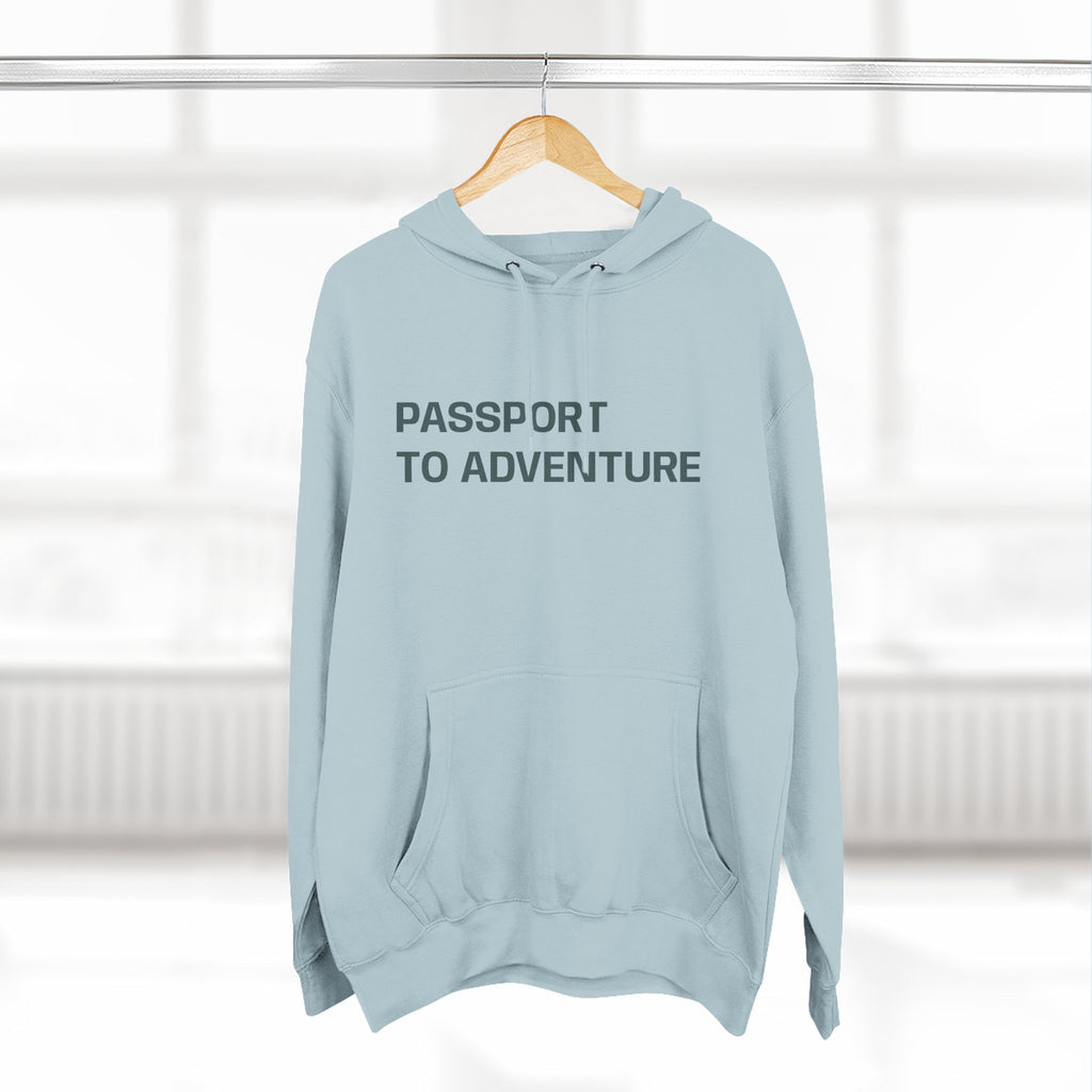 Mountain Adventure Three-Panel Fleece Hoodie, Passport to Adventure Design, Hiking Gift, Unisex Sizes S-3XL, Soft Comfort, Kangaroo Pocket,