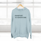 Mountain Adventure Three-Panel Fleece Hoodie, Passport to Adventure Design, Hiking Gift, Unisex Sizes S-3XL, Soft Comfort, Kangaroo Pocket,