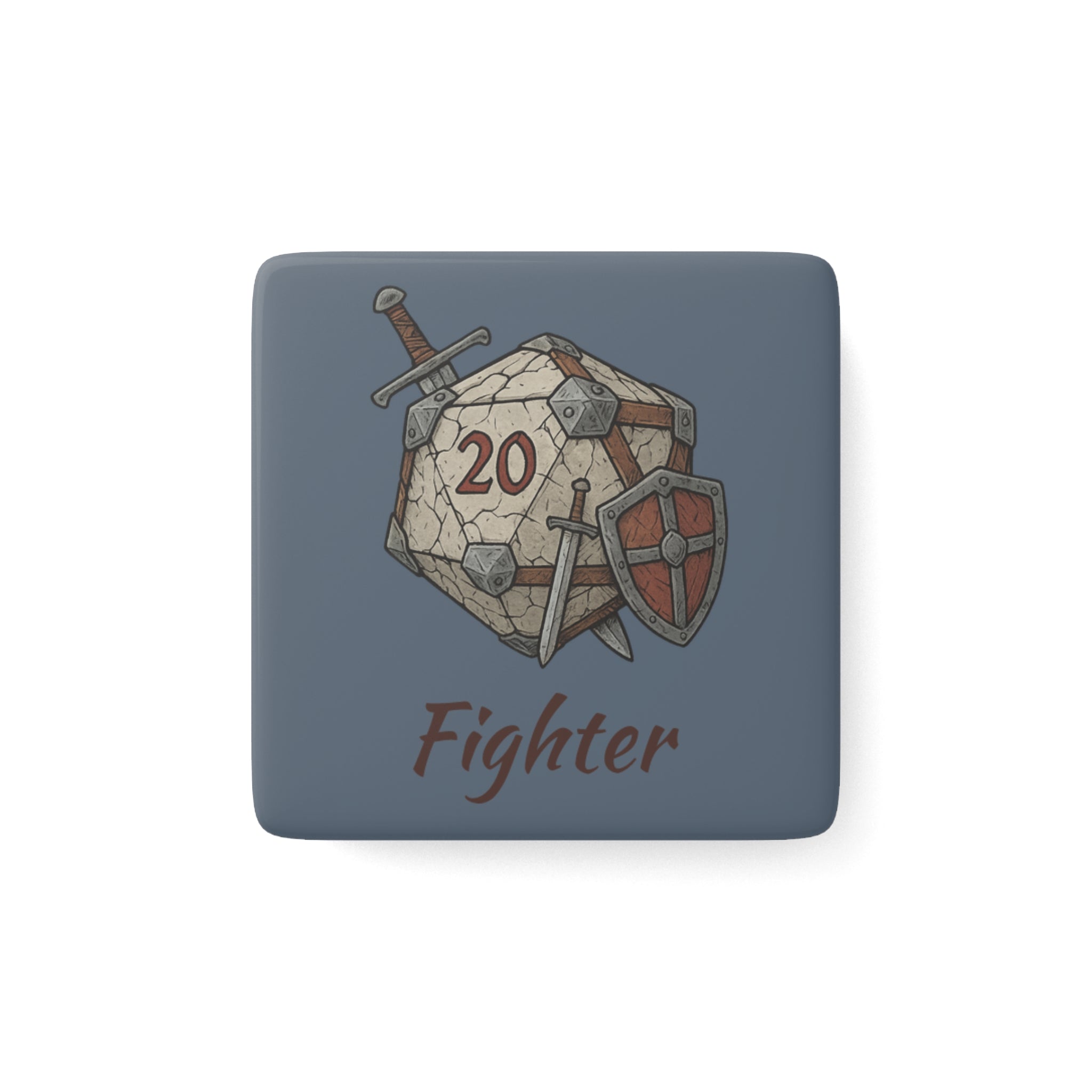 Fighter D20 Porcelain Square Magnet — RPG Dice & Shield Gamer Gift