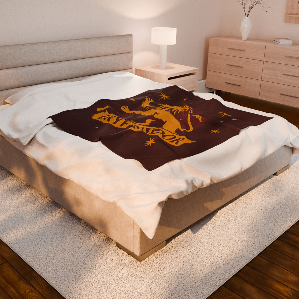 Gryffindor Velveteen Plush Blanket | Hogwarts House Throw | Harry Potter Inspired Lion Bedding | Warm Red & Gold Gift | Soft Fleece Decor