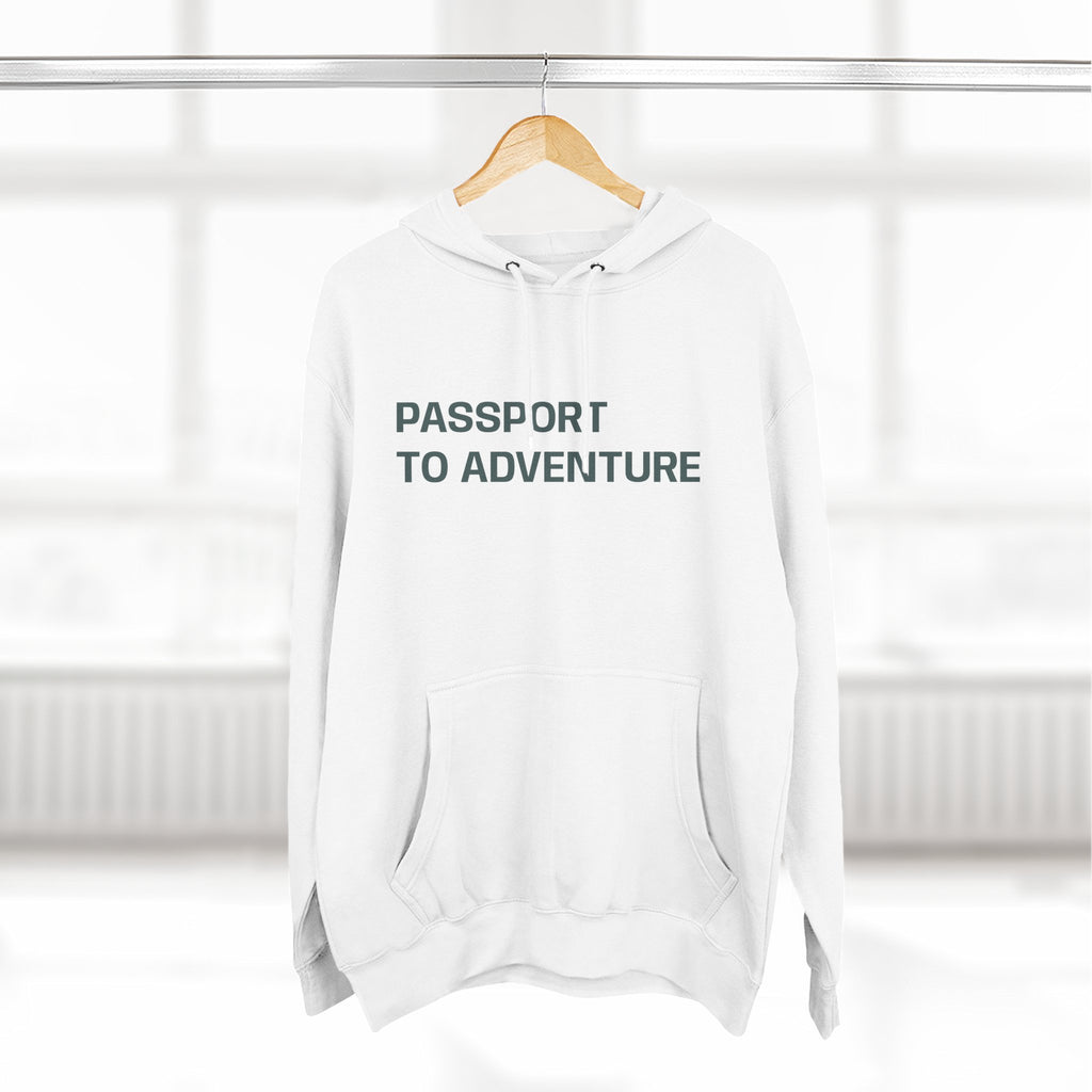 Mountain Adventure Three-Panel Fleece Hoodie, Passport to Adventure Design, Hiking Gift, Unisex Sizes S-3XL, Soft Comfort, Kangaroo Pocket,