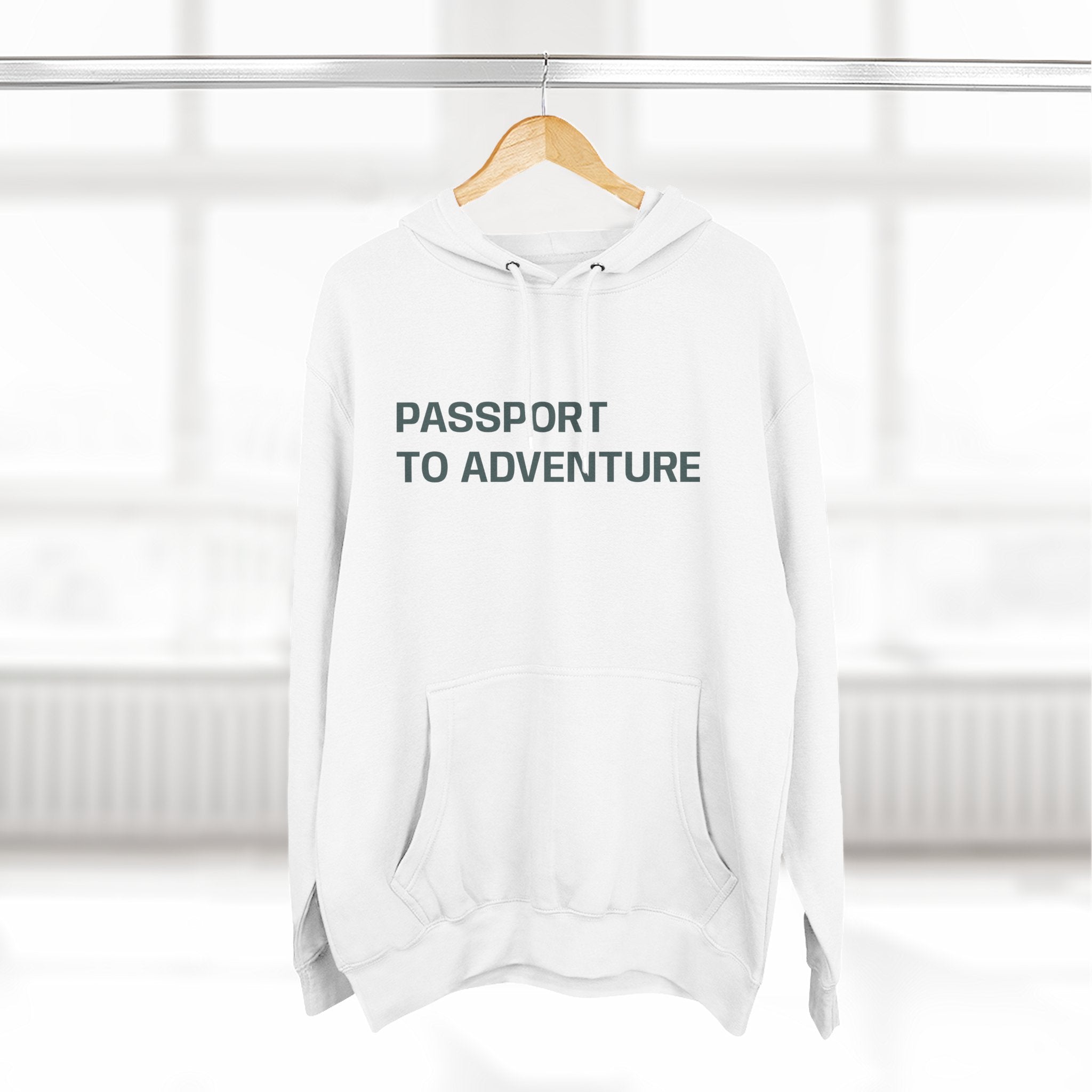 Mountain Adventure Three-Panel Fleece Hoodie, Passport to Adventure Design, Hiking Gift, Unisex Sizes S-3XL, Soft Comfort, Kangaroo Pocket,