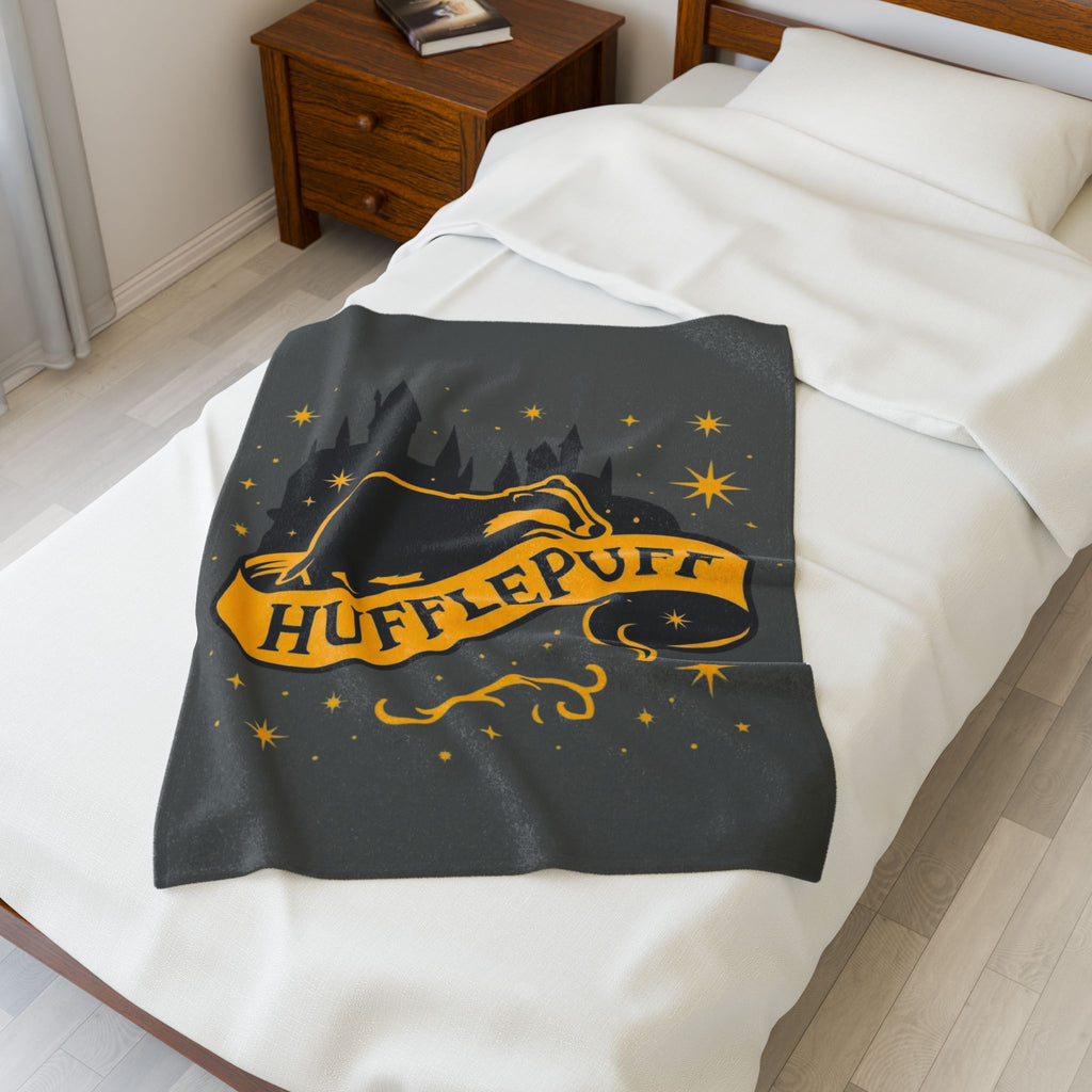 Hufflepuff Velveteen Plush Blanket | Hogwarts House Throw | Harry Potter Inspired Badger Bedding | Hogwarts House Crest
