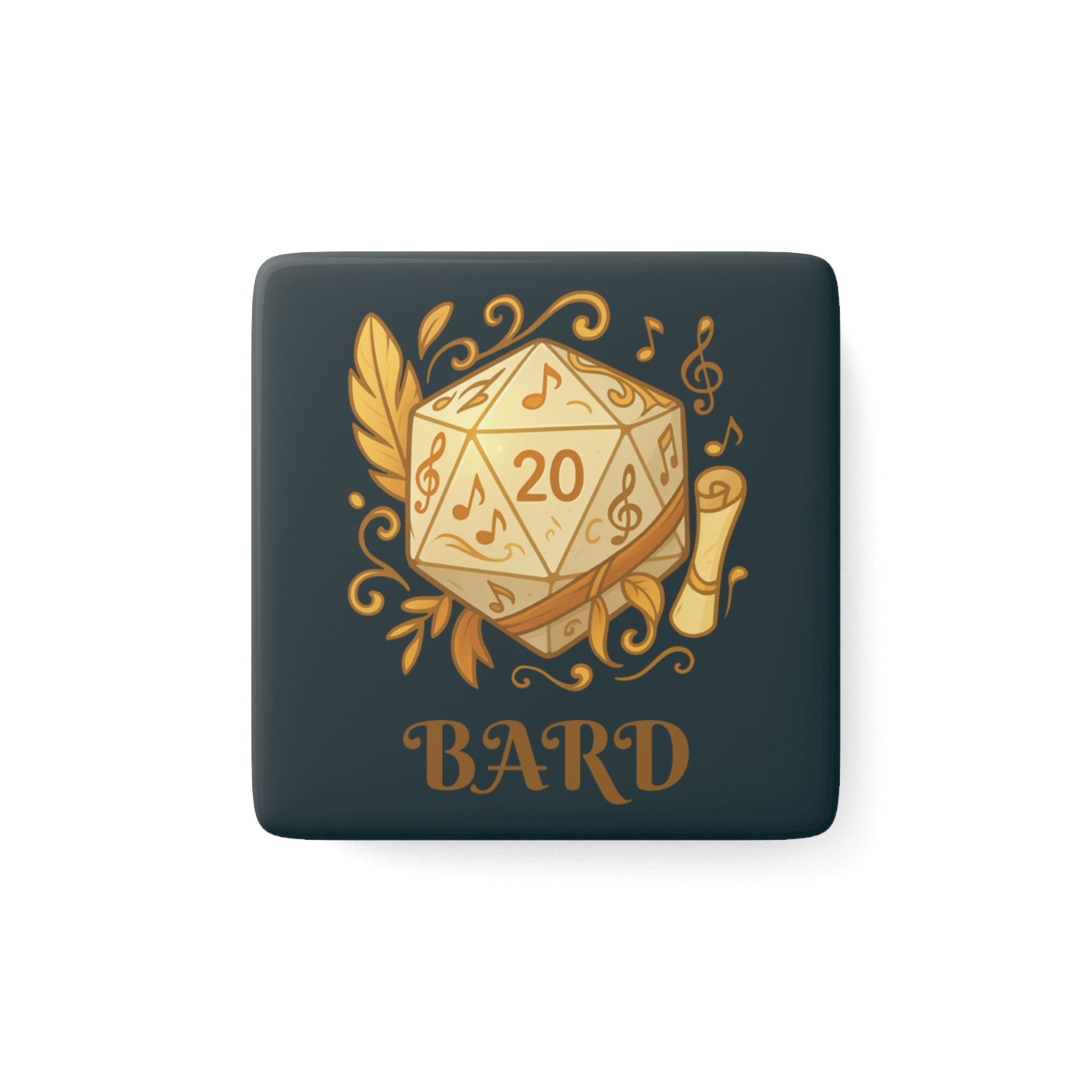 Bard D20 Porcelain Magnet — Fantasy RPG Dice Music Design
