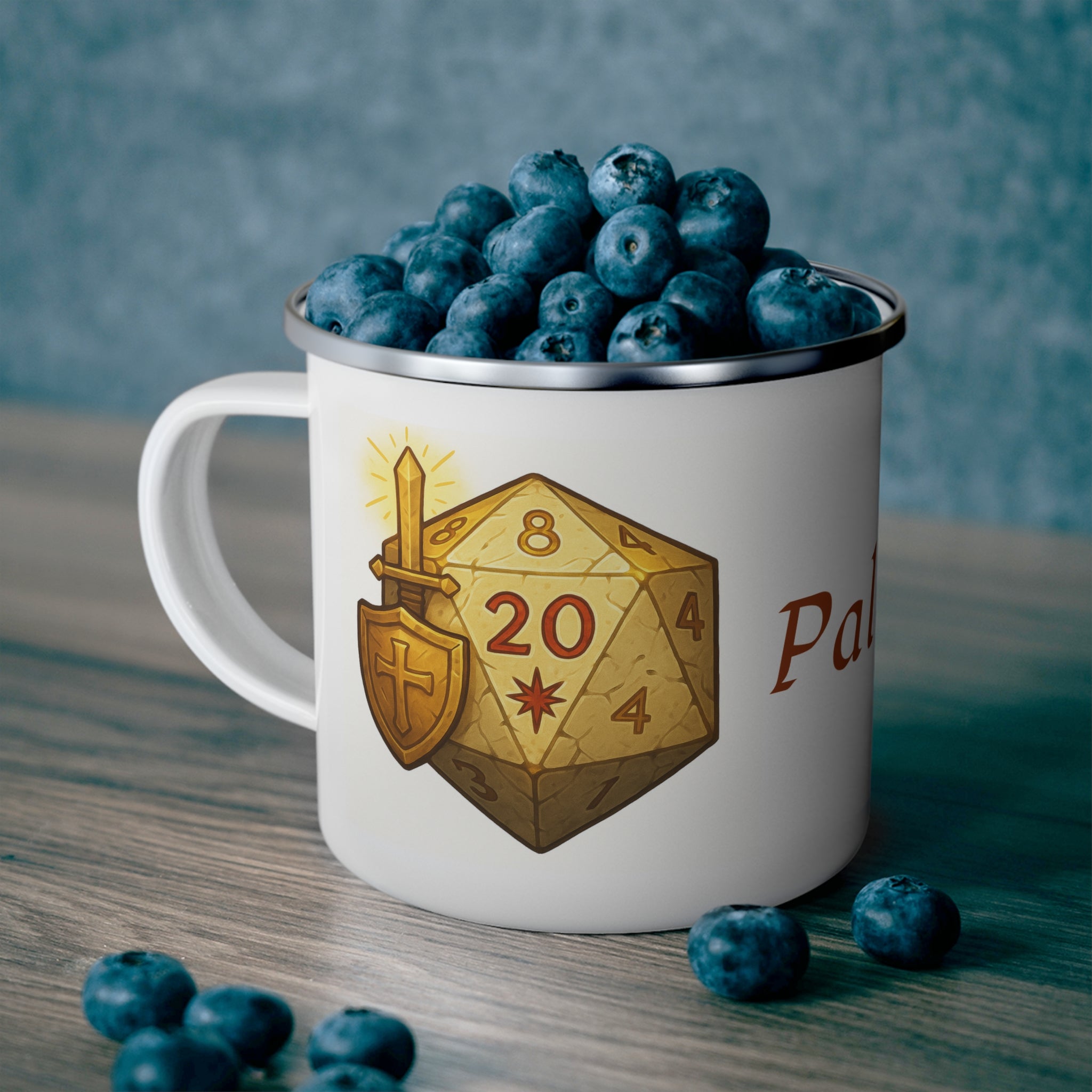 Paladin D20 Enamel Mug — Faith, Steel, and a Natural 20