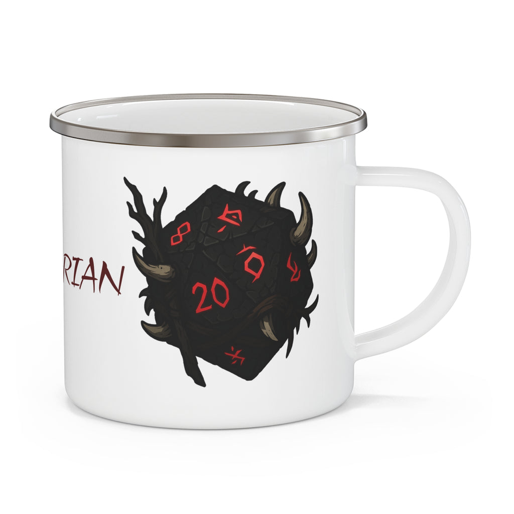 Barbarian D20 Enamel Camping Mug — RPG Dice & Fantasy Campfire Mug