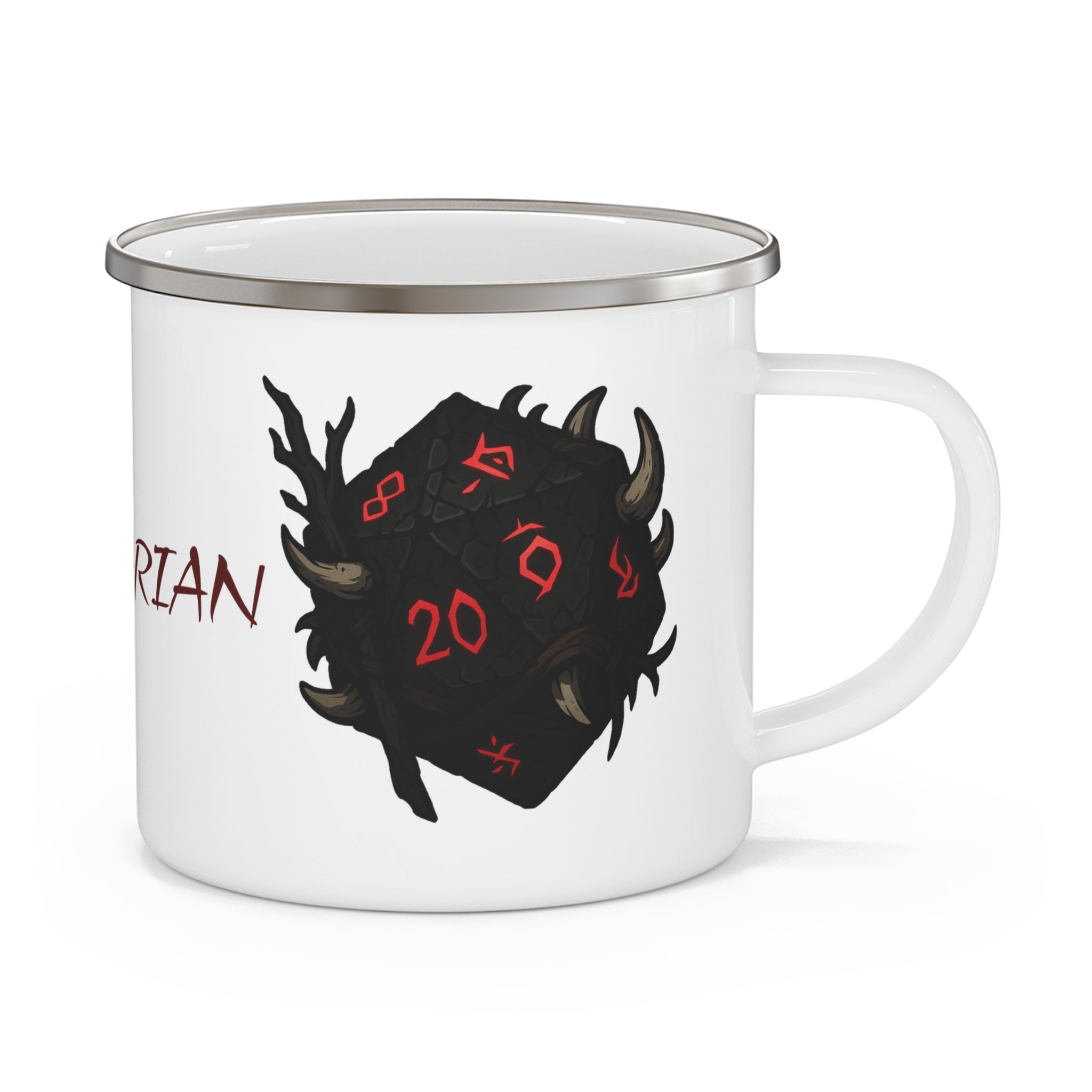 Barbarian D20 Enamel Camping Mug — RPG Dice & Fantasy Campfire Mug