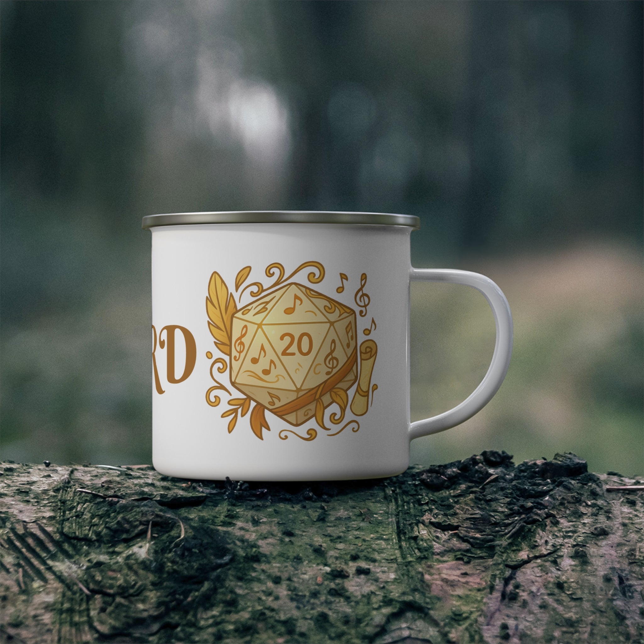 Bard Enamel Camping Mug — Gold D20 & Musical Fantasy RPG Coffee Cup