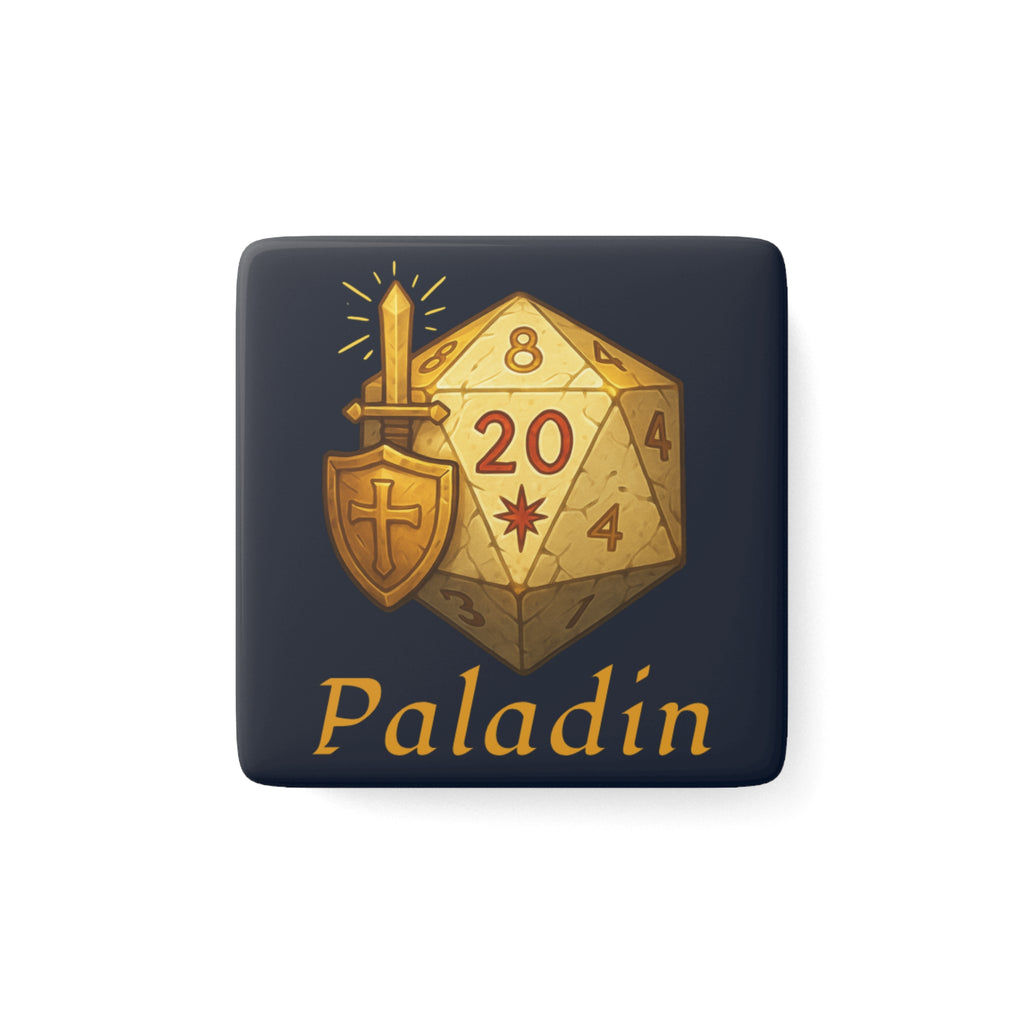 Paladin D20 Magnet — RPG Dice & Shield Porcelain Square Magnet