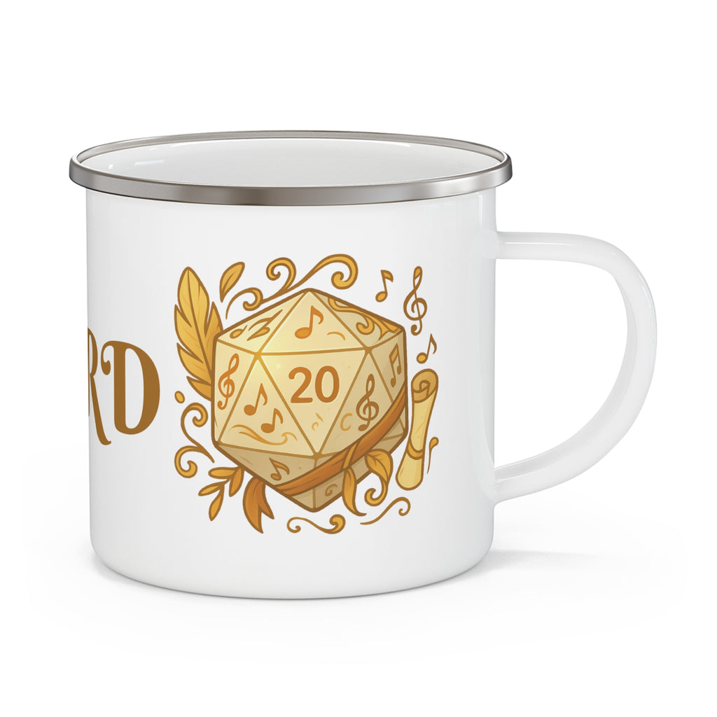 Bard Enamel Camping Mug — Gold D20 & Musical Fantasy RPG Coffee Cup
