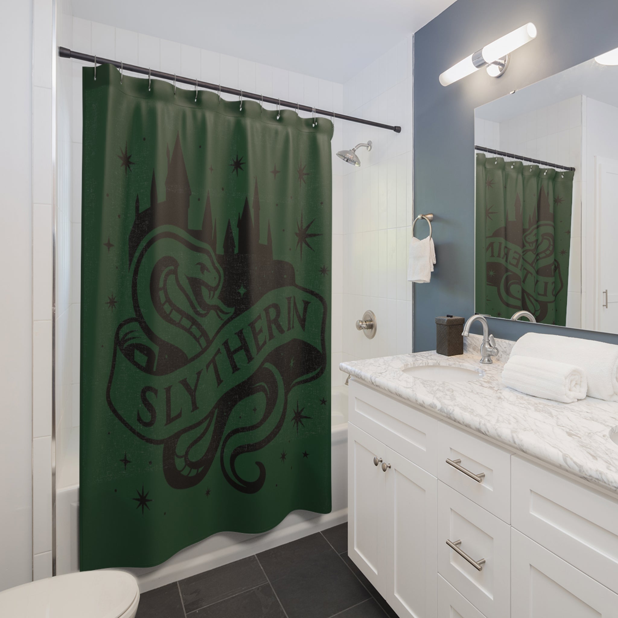 Slytherin Shower Curtain | Snake House Bathroom Decor | Wizarding World Bath | Green and Black | Ambition & Cunning Gift | Castle Silhouette