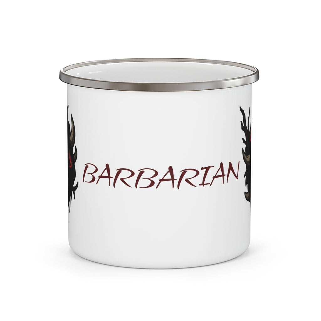 Barbarian D20 Enamel Camping Mug — RPG Dice & Fantasy Campfire Mug