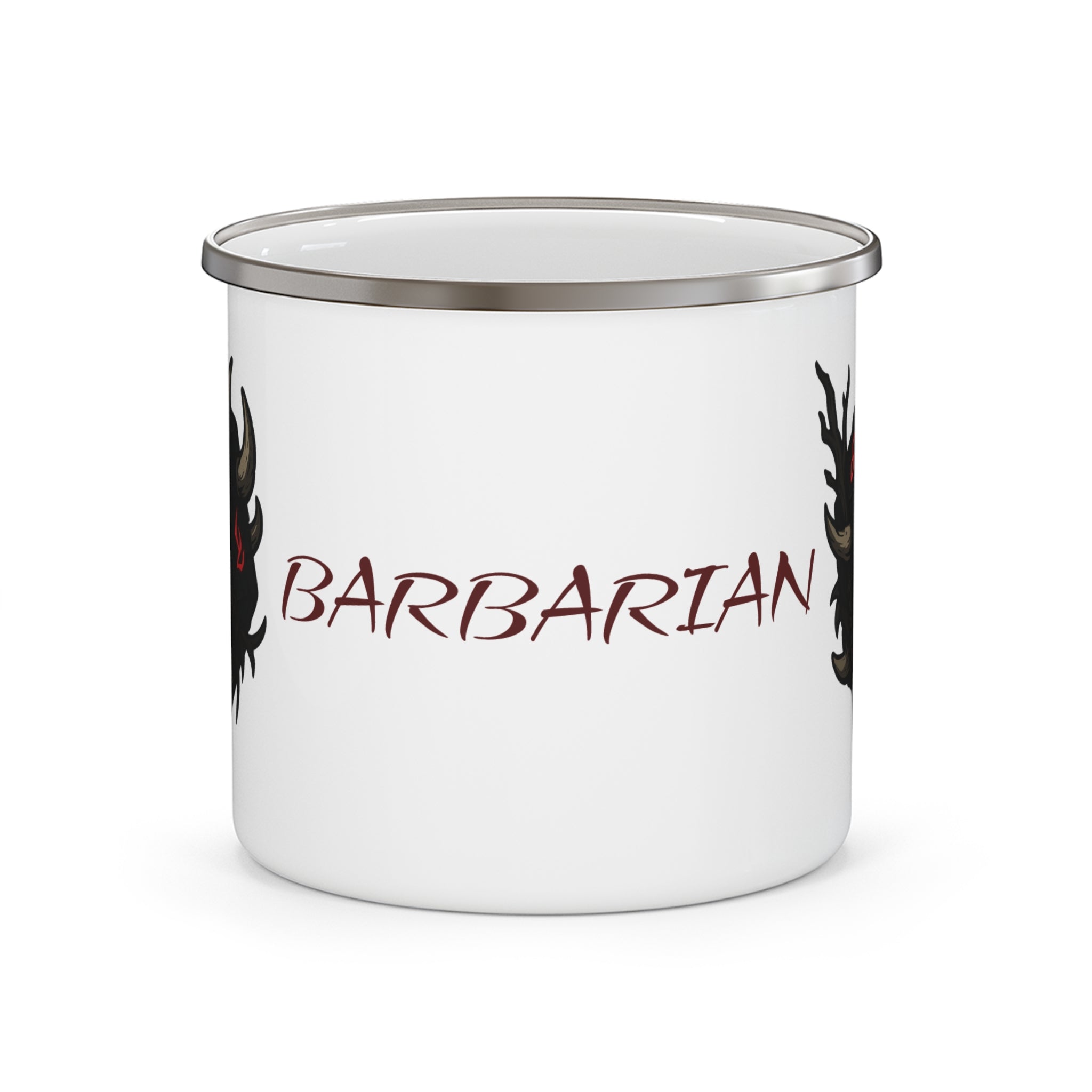 Barbarian D20 Enamel Camping Mug — RPG Dice & Fantasy Campfire Mug