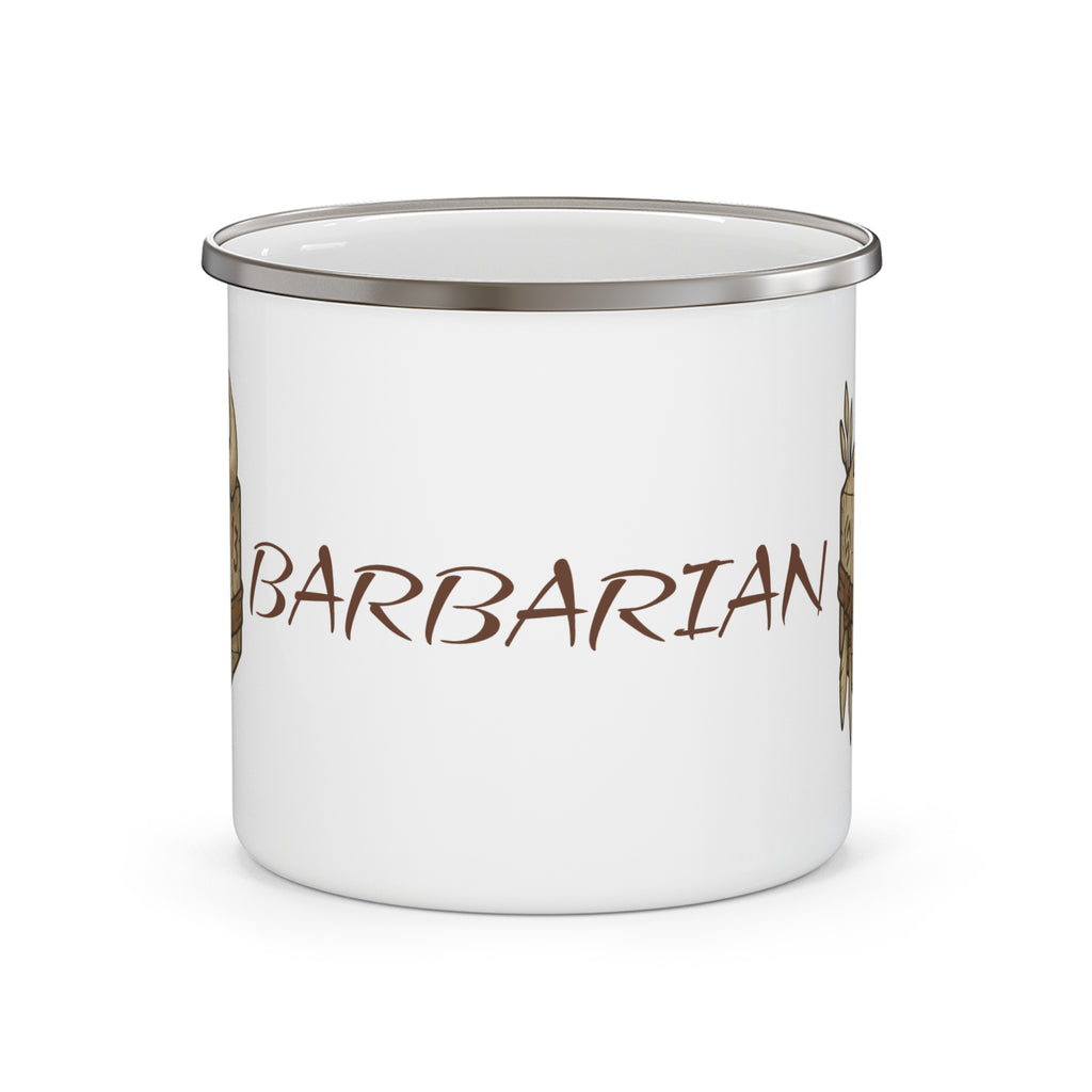 Barbarian D20 Enamel Camping Mug — RPG Dice Rustic Adventure Coffee Cup