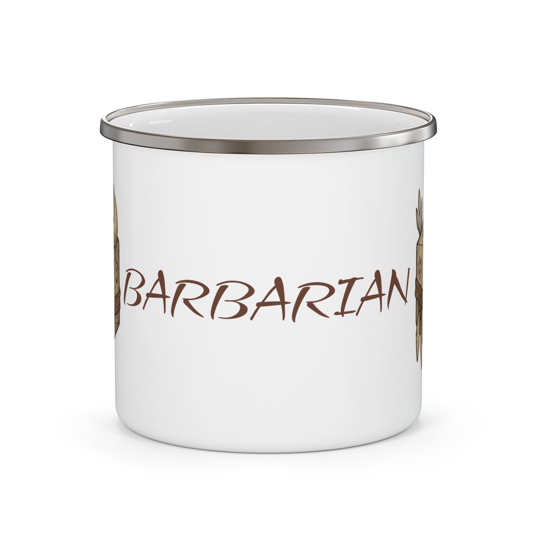 Barbarian D20 Enamel Camping Mug — RPG Dice Rustic Adventure Coffee Cup