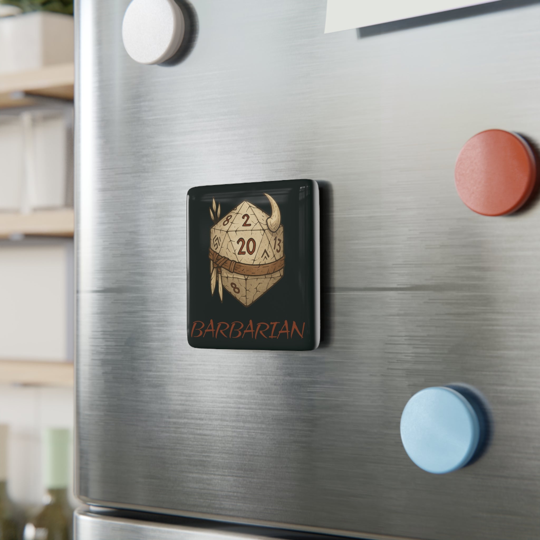 Barbarian D20 Porcelain Magnet — RPG Dice Square Magnet for Tabletop Gamers