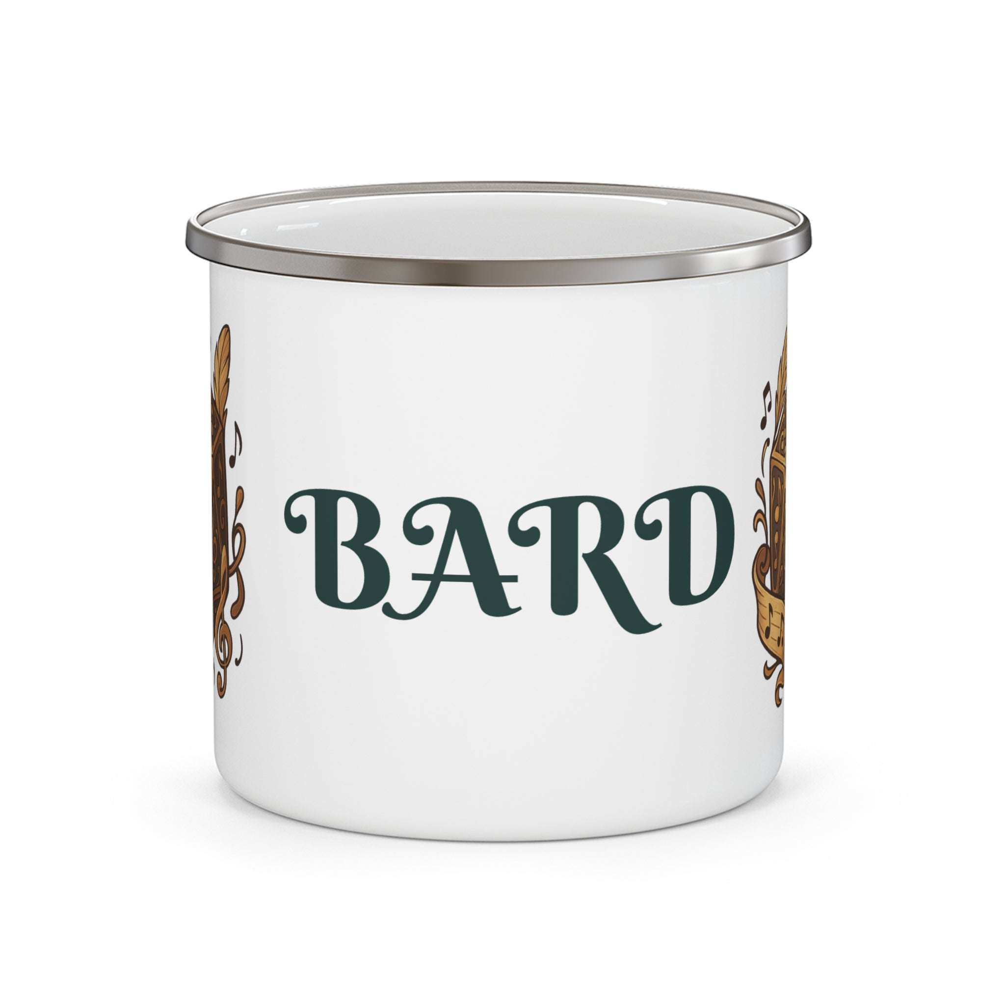 Bard Enamel Camping Mug — D20 Dice & Music Fantasy RPG Coffee Cup