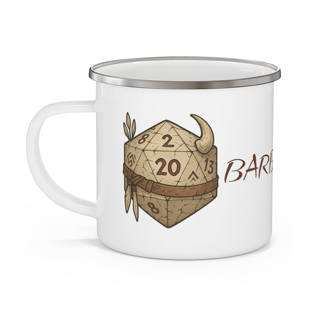 Barbarian D20 Enamel Camping Mug — RPG Dice Rustic Adventure Coffee Cup