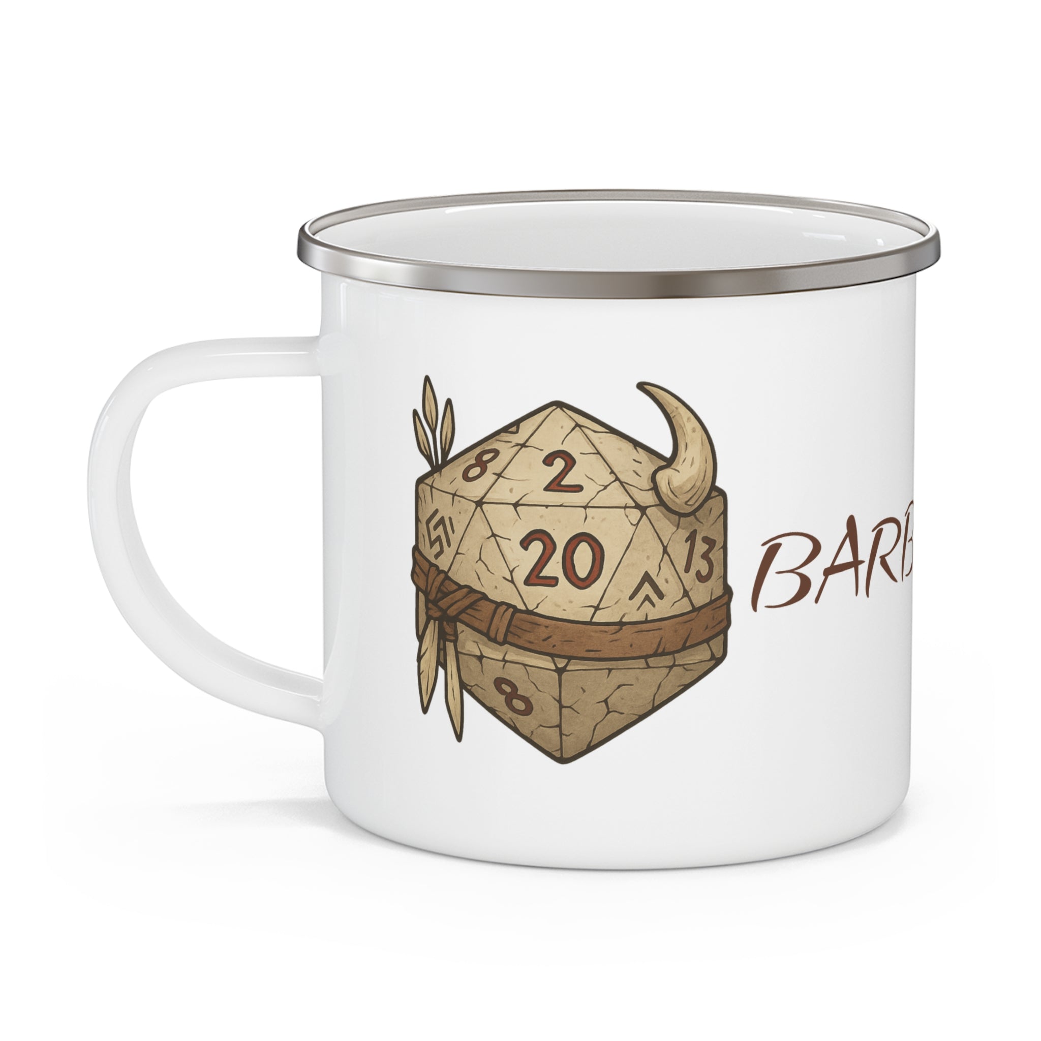 Barbarian D20 Enamel Camping Mug — RPG Dice Rustic Adventure Coffee Cup