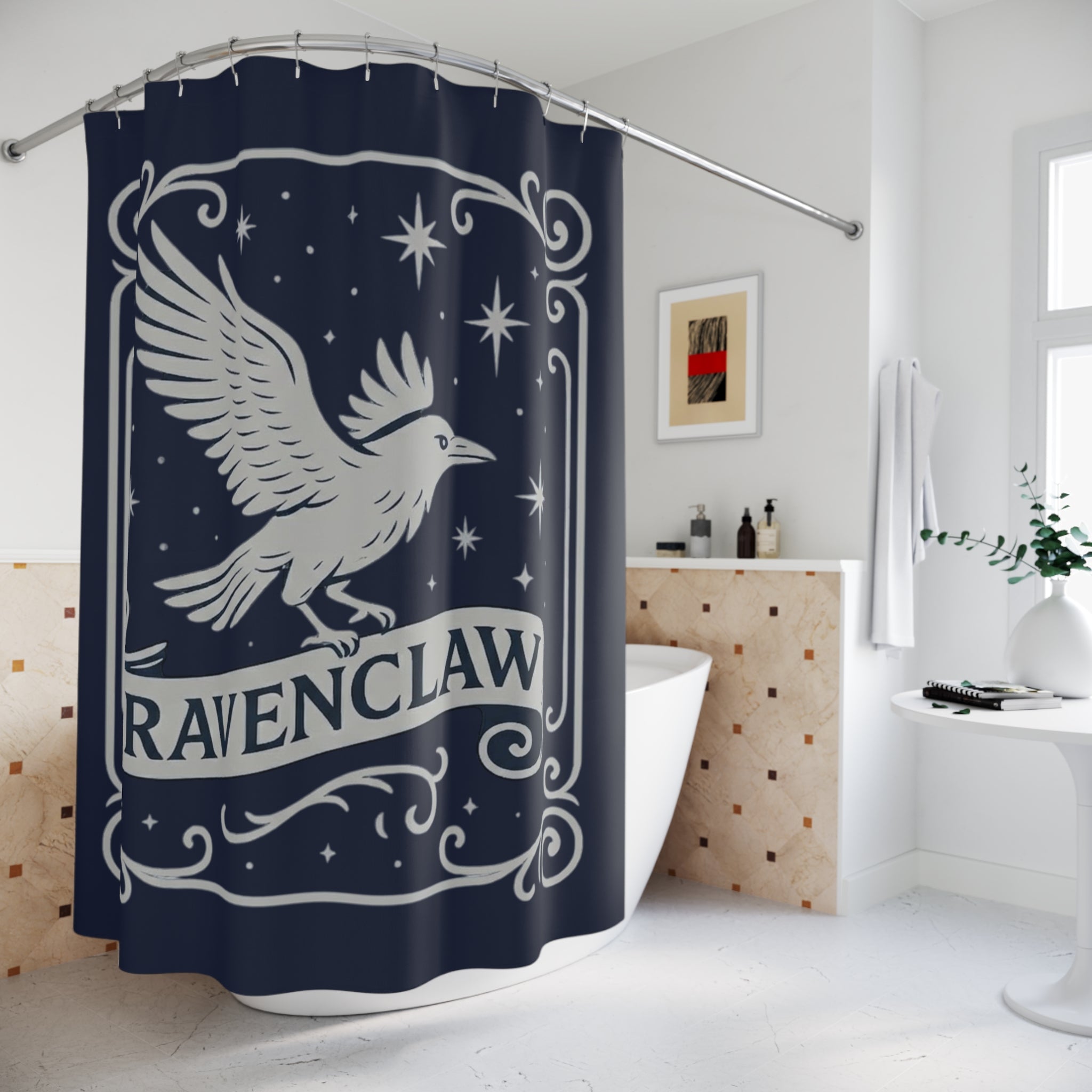 Ravenclaw Shower Curtain | Raven House Bathroom Decor | Wizarding World Bath | Blue and Silver | Wisdom & Wit Gift | Dark Academia Decor