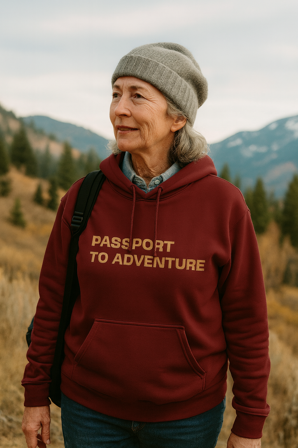 Mountain Adventure Three-Panel Fleece Hoodie, Passport to Adventure Design, Hiking Gift, Unisex Sizes S-3XL, Soft Comfort, Kangaroo Pocket,