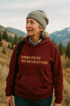 Mountain Adventure Three-Panel Fleece Hoodie, Passport to Adventure Design, Hiking Gift, Unisex Sizes S-3XL, Soft Comfort, Kangaroo Pocket,